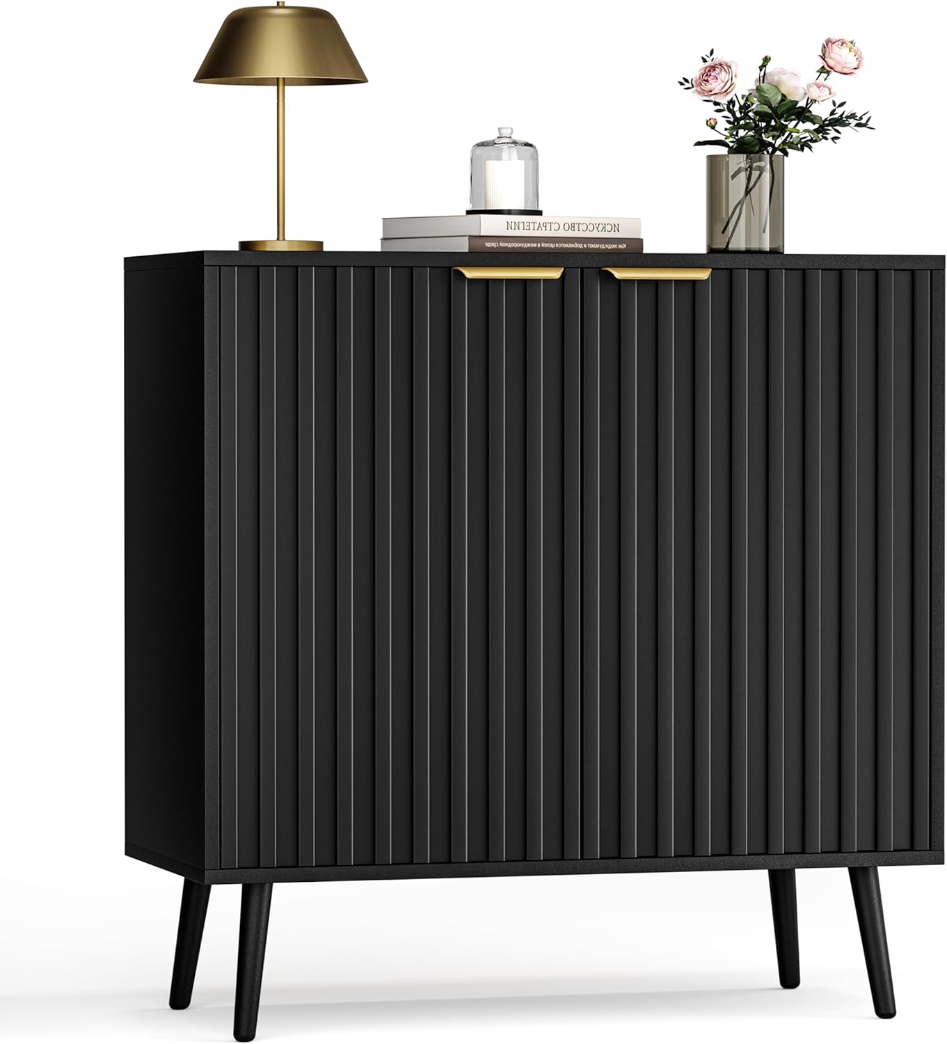 Black Fluted Buffet Cabinet, Free Standing Sideboard with Storage, Wood Accent Cabinet with Doors & Shelf, Modern Credenza, Sideboard Buffet Cabinet for Living Room, Dining Room(1, Black)