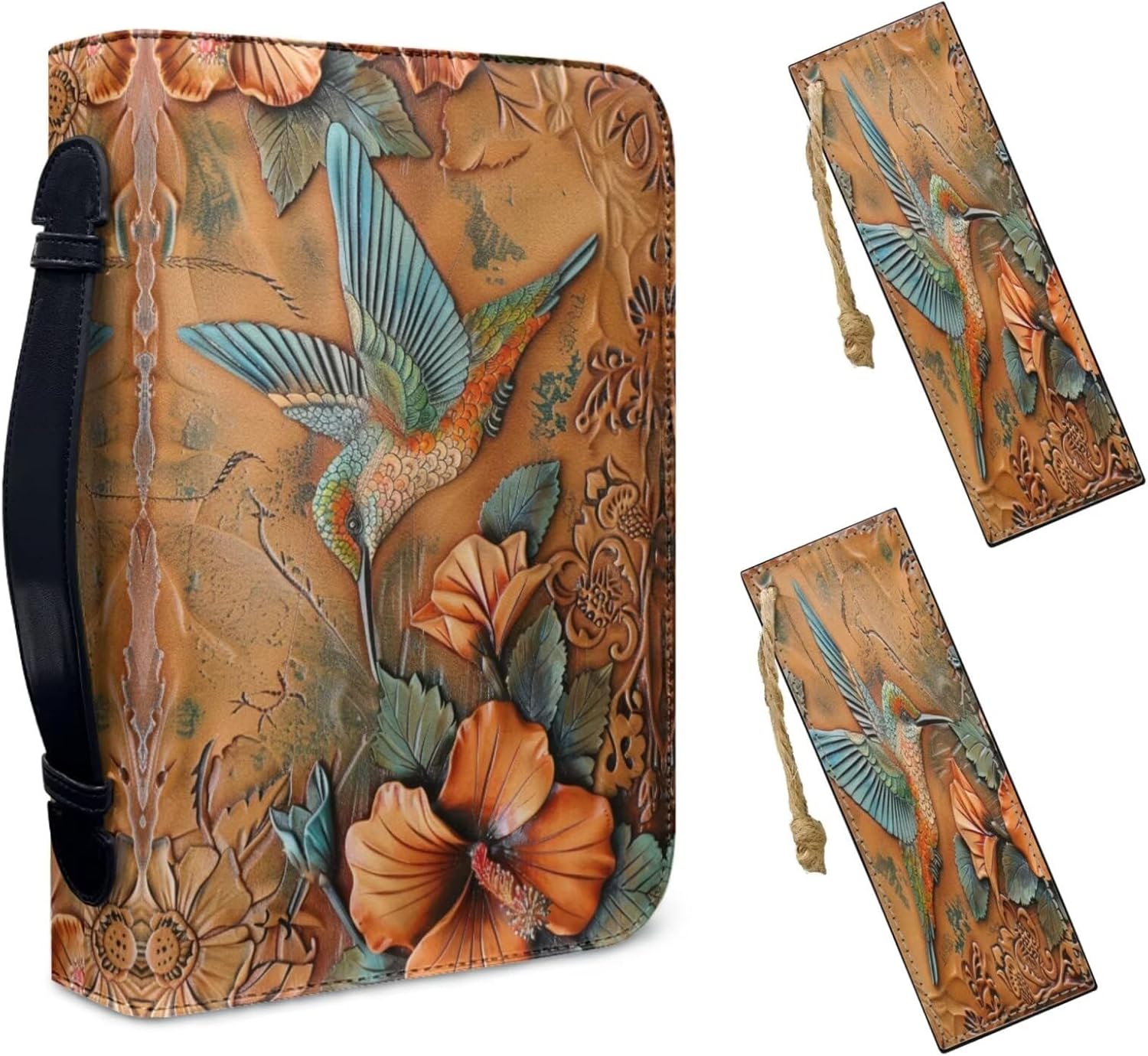 Lotusorchid Hummingbird Print Bible Cover Case with Bookmarks, PU Leather Bible Cover for Women Girls, Portable Bible Carrying Case with Handle and Pocket, Bible Accessories for Christian, Size 2XL