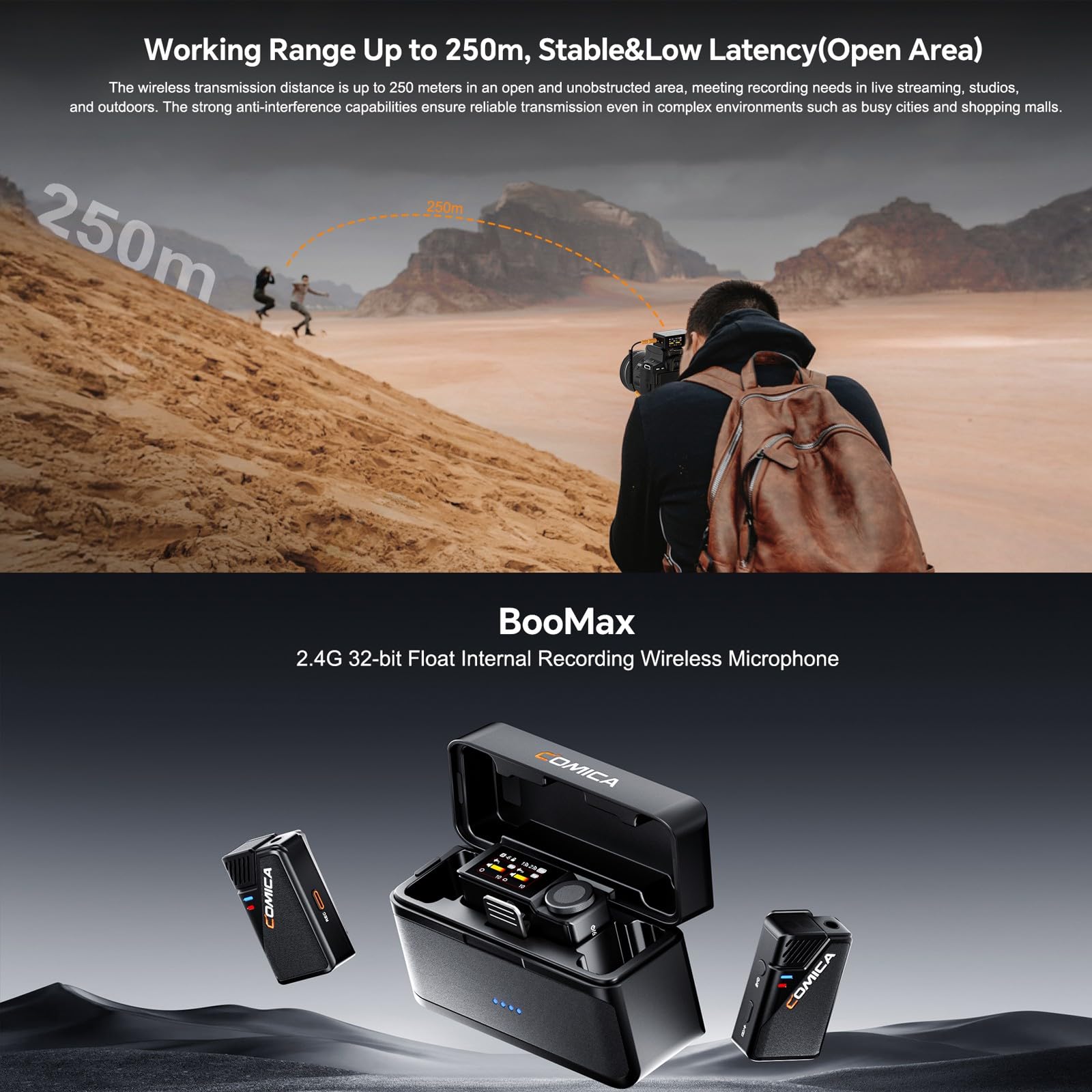 COMICA Micrófono de Solapa inalámbrico BooMax para cámaras y Smartphones. Micrófono de Solapa Dual de 2,4 G con Almacenamiento de 32 G y Pantalla táctil IPS para Vlogs, entrevistas y TikTok.
