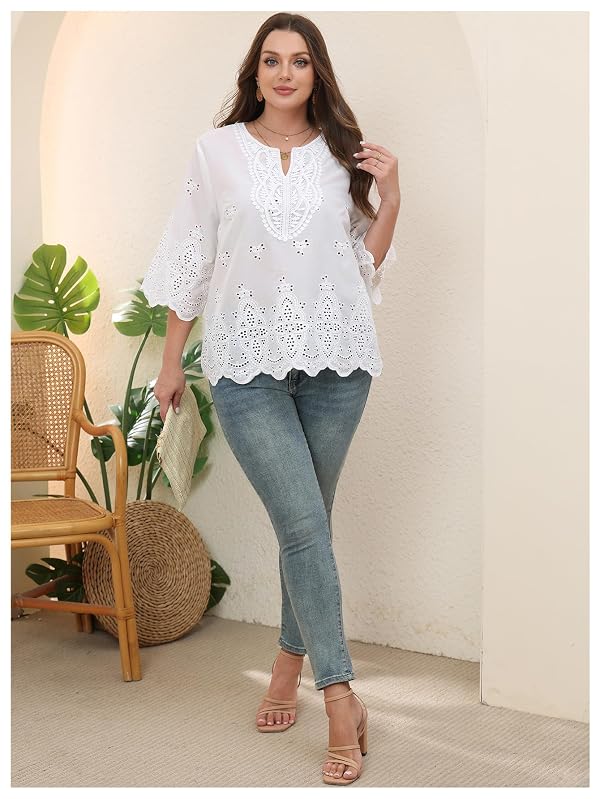 MakeMeChic Women's Plus Size Eyelet Blouse Embroidery Short Sleeve Tops by MakeMeChic - Used condition - Image 6