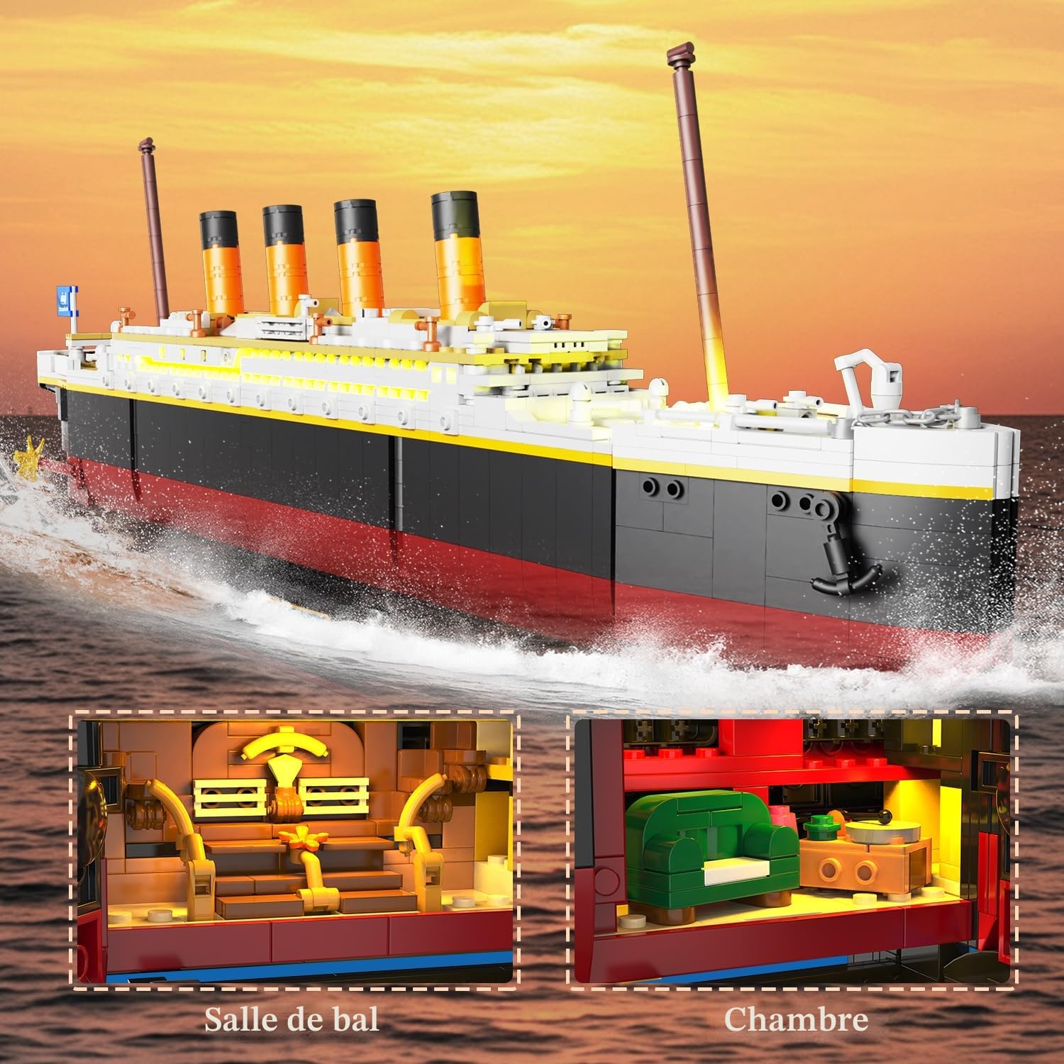 PLAXSOON Ensemble de construction 2 en 1 Titanic avec lumières, kit de construction miniature de navire Titanic 1935 PCS avec support d'affichage de glacier, modèle de navire en brique décoration de