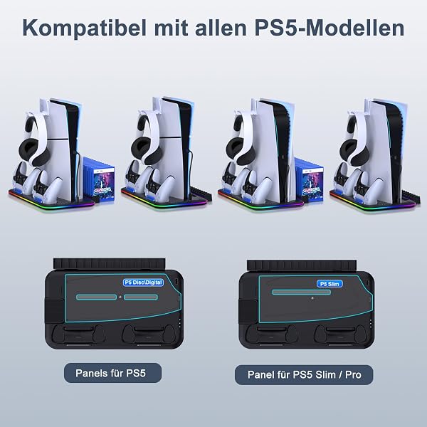 BEBONCOOL HOTS PS5 Stand Kühlstation für PS5/PS5 Slim/PS5 Pro,Vertikalständer mit Ultra-Lüfter und Buntem Licht, Headset-Halterung,PS5-Zubehör,Schwarz - 5