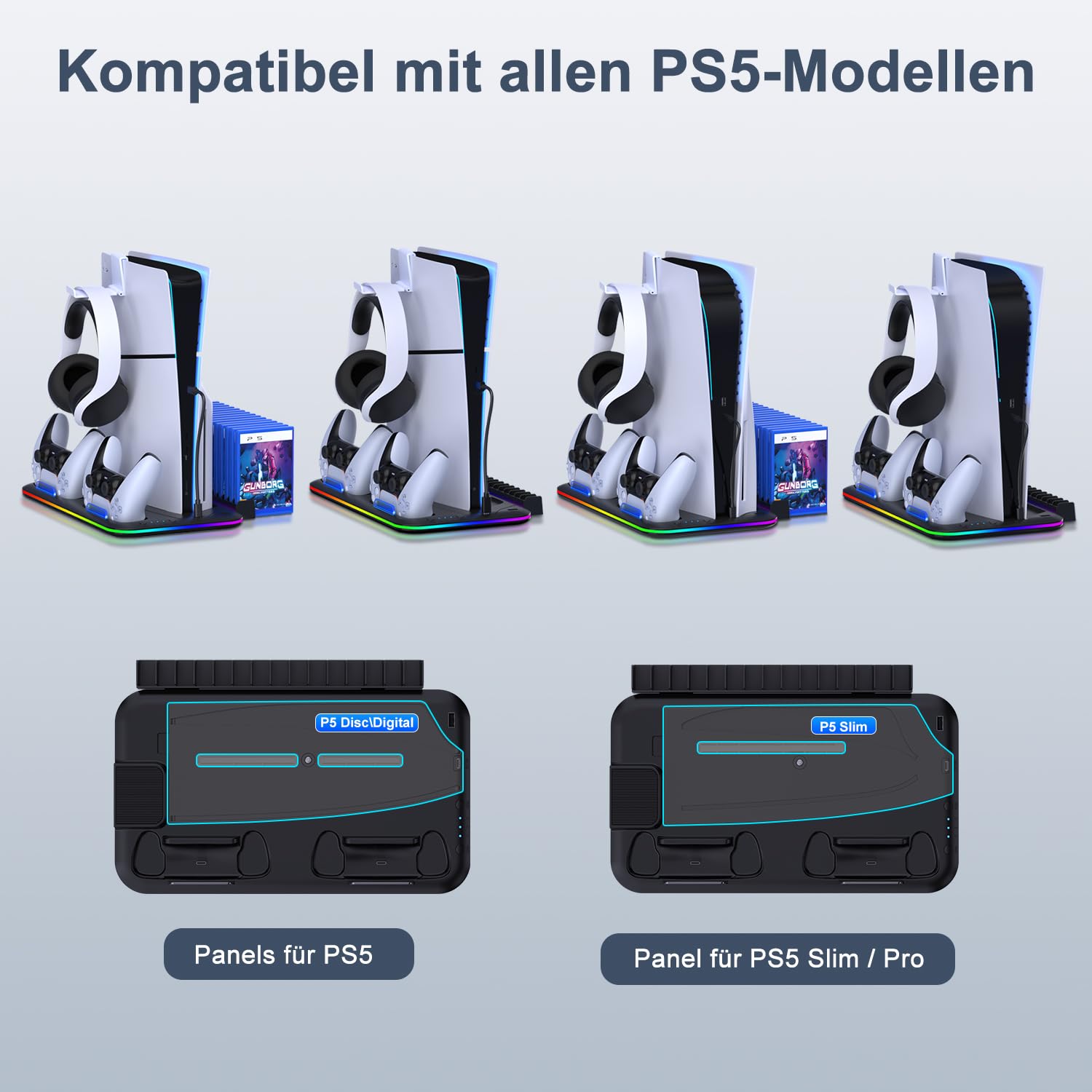 PS5 Stand Kühlstation für PS5/PS5 Slim/PS5 Pro,Vertikalständer mit Ultra-Lüfter und Buntem Licht, Headset-Halterung,PS5-Zubehör,Schwarz