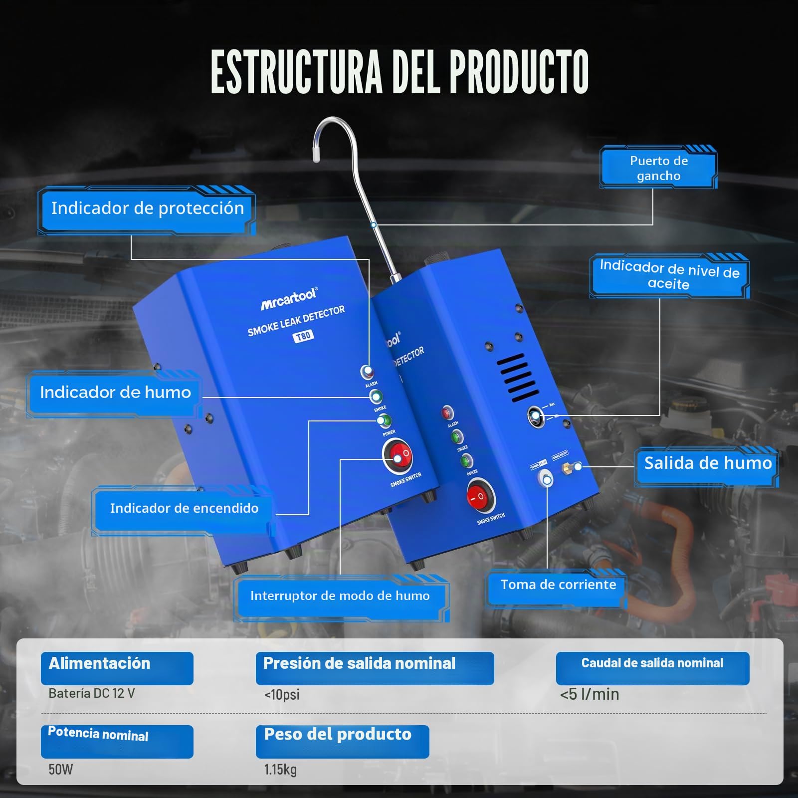 Máquina de Humo para Coches T80 - Detector de Fugas EVAP 12V con Bomba de Aire Integrada y Medidor de Nivel de Aceite, Probador de Fugas de Combustible y Vacío para Coches, Motos, Barcos y Vehículos