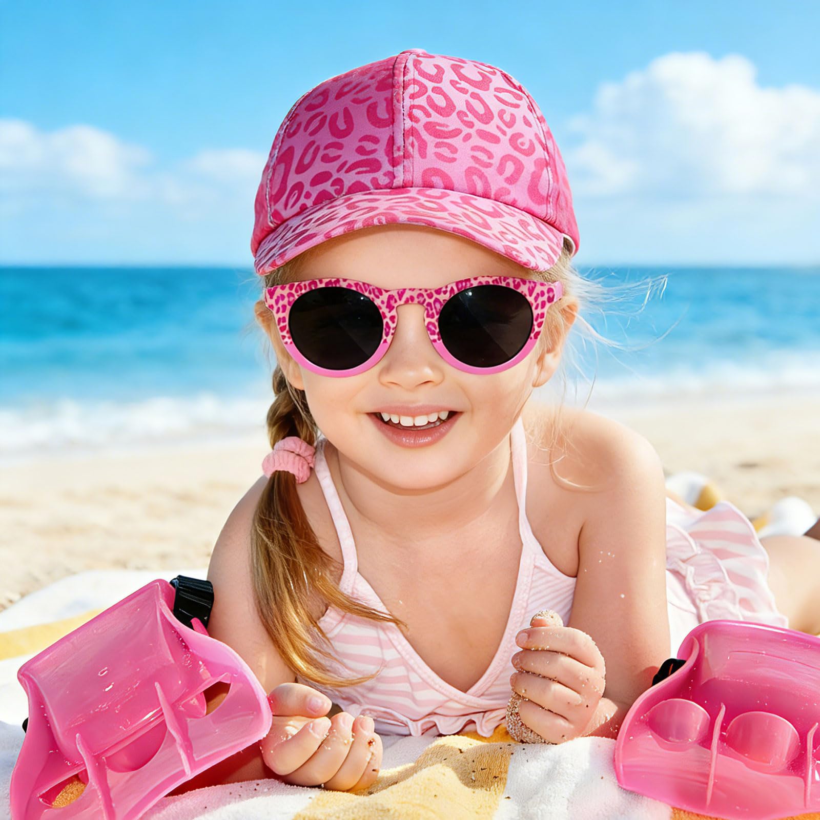 Gorra de Béisbol para Niñas con Gafas de Sol Protección UV Ajustable Estampado de Leopardo Verano 3-10 Años