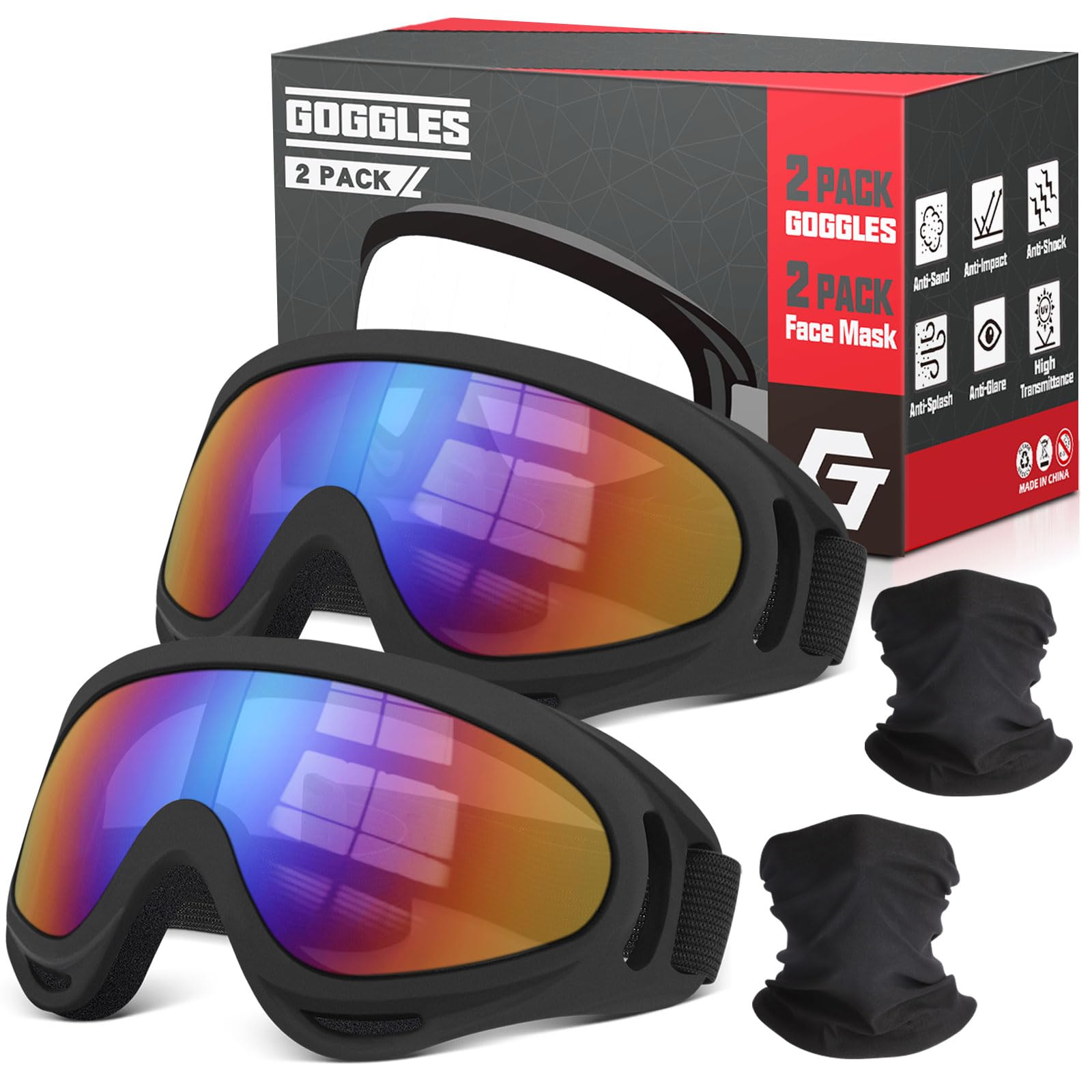 Lot de 2 lunettes de protection anti-impact pour motocross, ski avec 2 masques faciaux