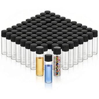 100Pcs 5ml 1Dram Glass Bottles with Black Caps - 1/6 oz Small Travel Vials for Essential Oil Blends, Serums & Cosmetic Samples - Refillable Clear Empty Jars for Wedding Favors, Potions, and Art Crafts