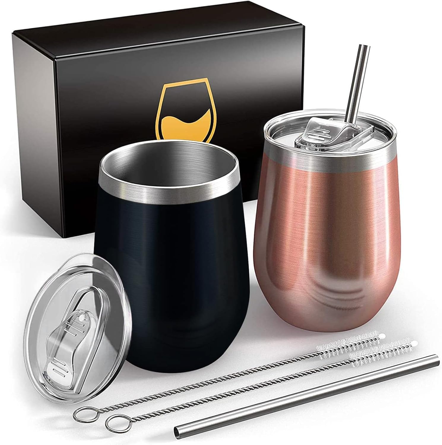 Stainless Steel Wine Tumbler With Lid and Straw, 2 Pack 12oz Travel Mug, Keep Cold & Hot, BPA-Free, Double-Walled Vacuum Insulated Coffee Cup, Camping Gift for Women (Black + Rose Gold)