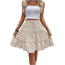 Verdusa Womens Boho Floral Tiered Ruffle Skirts Flowy Flared Summer Knee Length Midi Skirt