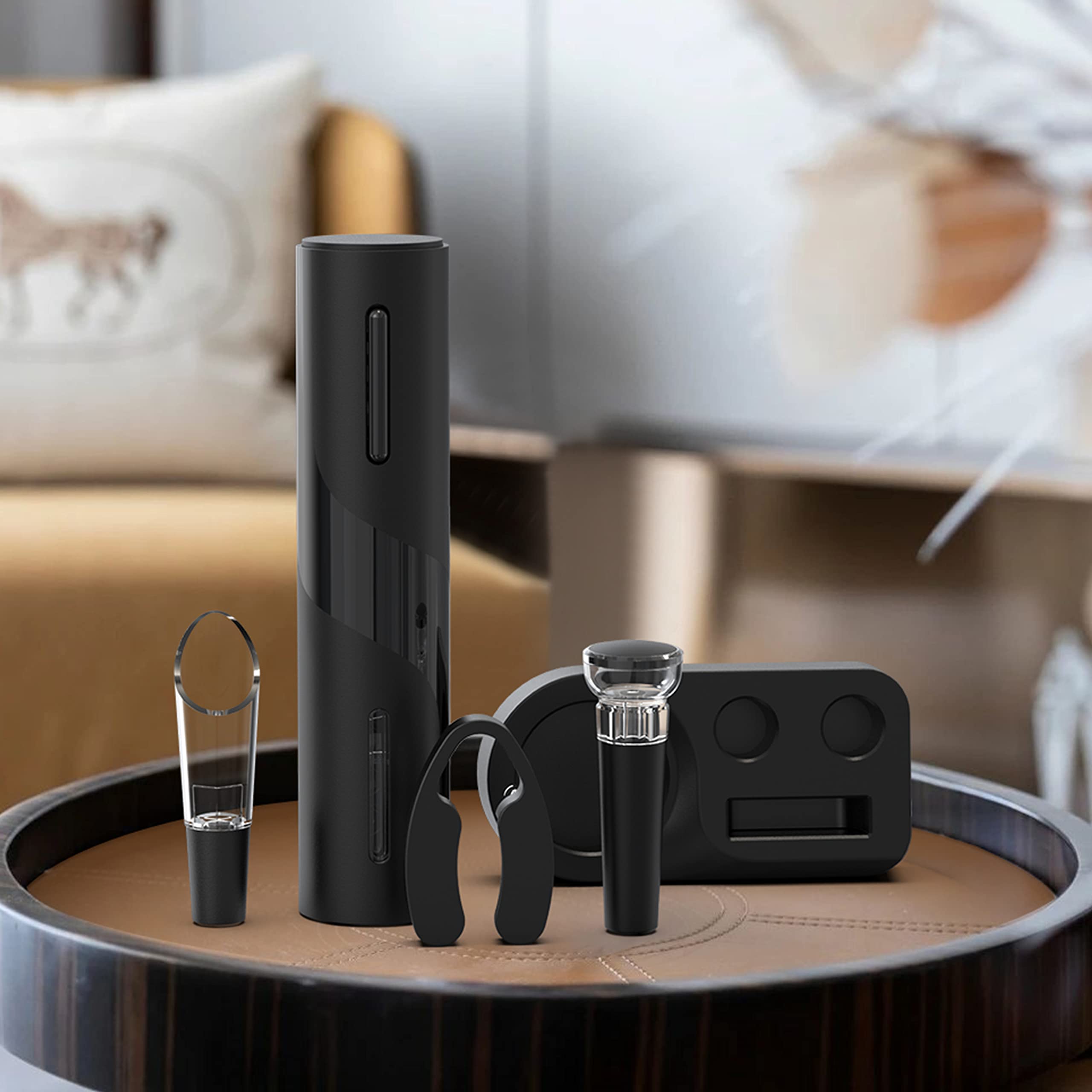 Abrebotellas de vino eléctrico recargable, juego de abridor de vino automático 5 en 1, abridor de vino eléctrico con cortador de lámina, vertido de vino, tapón de vino y base de almacenamiento 3