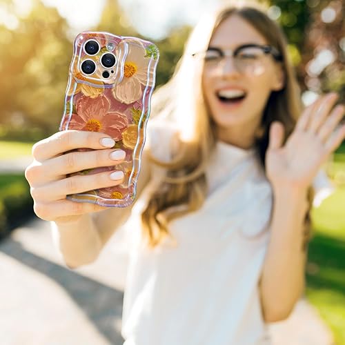 Miniatura 7 de QLTYPRI Funda para iPhone 13 Pro Max, colorida pintura al óleo retro con patrón de flores, lindo marco de onda rizada, exquisita funda para teléfono