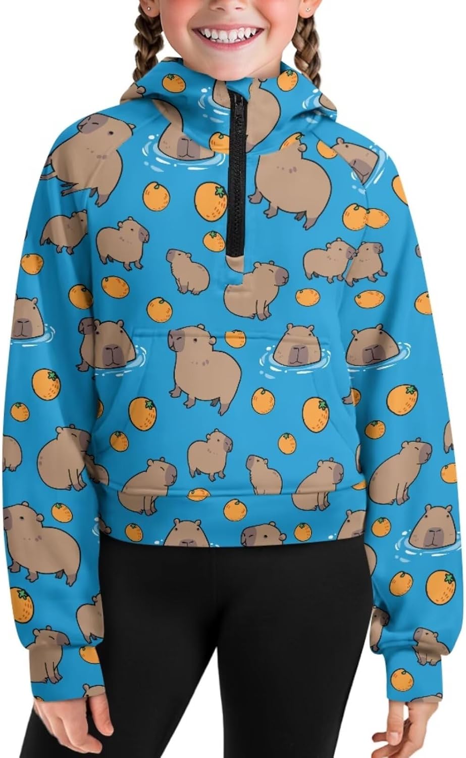 Capybara Flower Girl's Cropped Hoodies Long Sleeve Half Zip Sweatshirts for Kids Pullover Top Graphic Sweater Coat