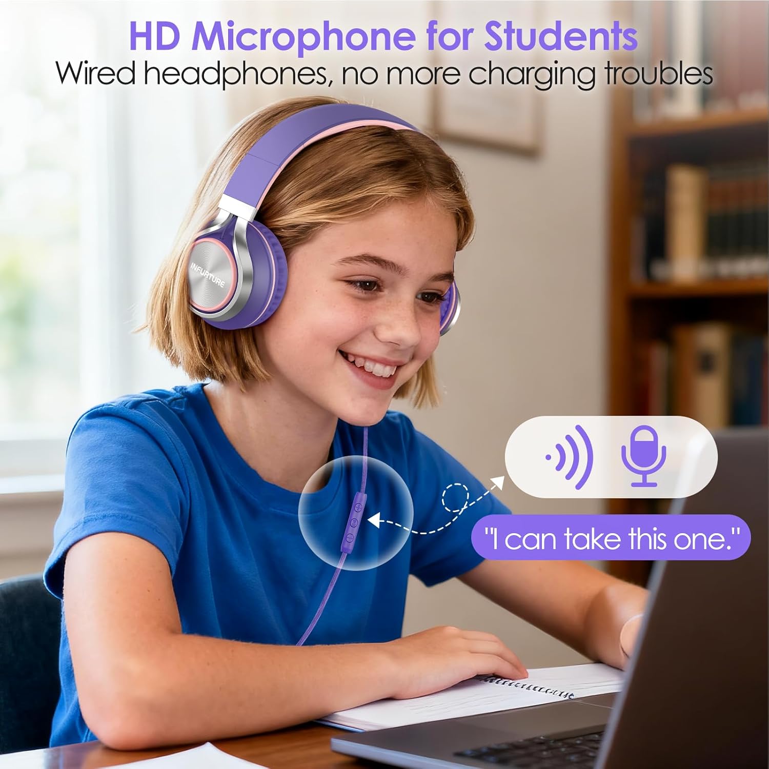 INFURTURE USB C Headphones with Mic,Volume Control,Tangle-Free Plaiting Line,Wired Headphones Type c,Lightweight Foldable for iPhone 17/16/15 Headphone Series/Tablet/School/Travel/Sports/Audiobooks