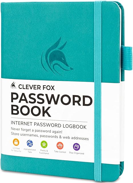 Clever Fox Password Book with tabs. Internet Address and Password Organizer Logbook with alphabetical tabs. Small Pocket Size Password Keeper Journal Notebook for Computer & Website Logins (Turquoise)