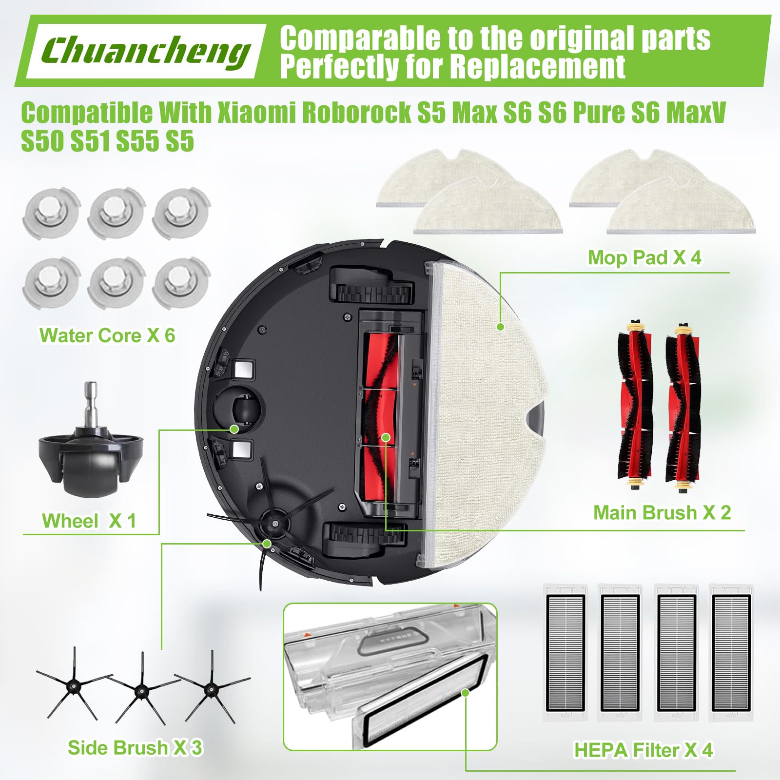Set Accessori Compatibili Xiaomi Roborock S6 S60 S65 S5 MAX T6: Spazzola Rullo, 6 Spazzole Laterali, Filtri, Panni E Altro - 6