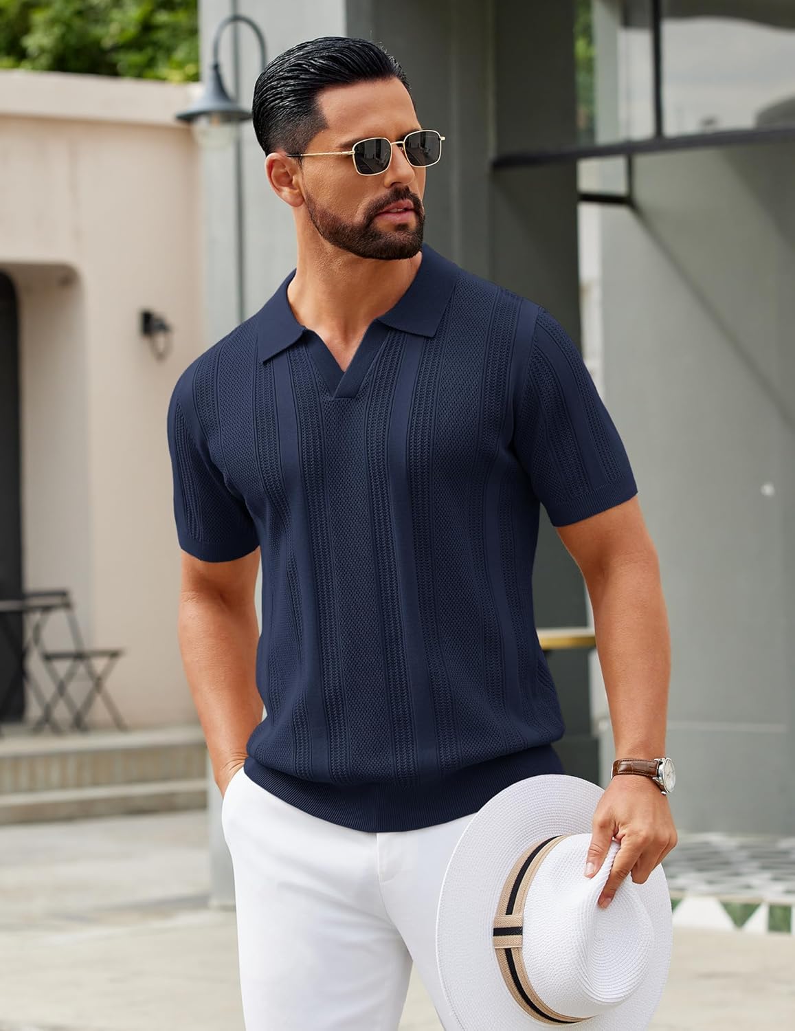 COOFANDY Mens Knit Polo Shirts V Neck Textured Polo Shirts Short Sleeve Breathable Polo Casual Collared T Shirt Fashion Tops - Image 8