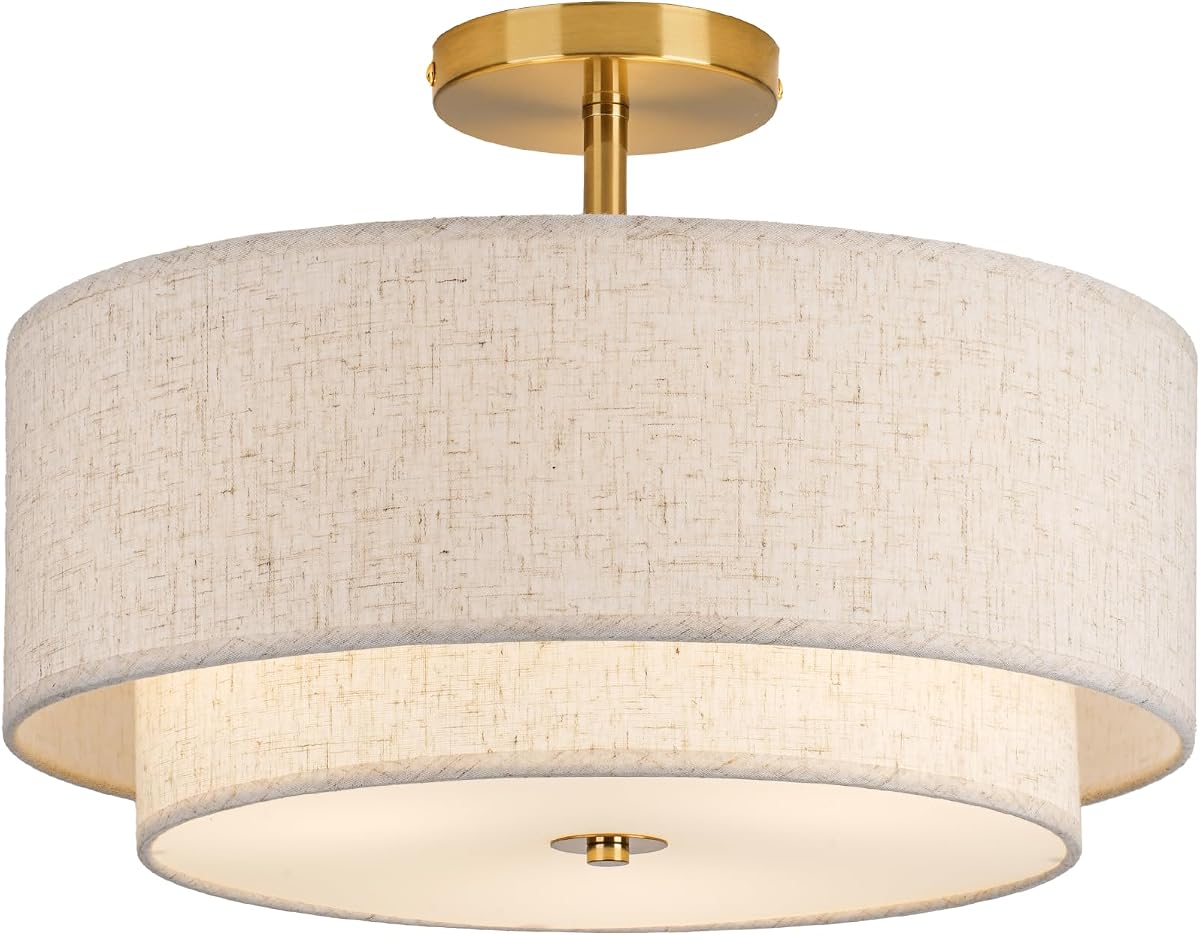 CALOKES Lámpara de techo de montaje semiempotrado de 3 luces doradas de doble tambor de 16 pulgadas, diseño clásico de pantalla de lino de tela para sala de estar, dormitorio, cocina, comedor, pasillo y entrada