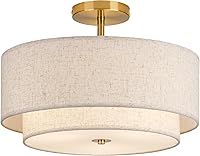 CALOKES 16" Double Drum Gold 3-Light Semi Flush Ceiling Light with Linen Shades - Modern Classic for Bedroom, Living Room, Kitchen