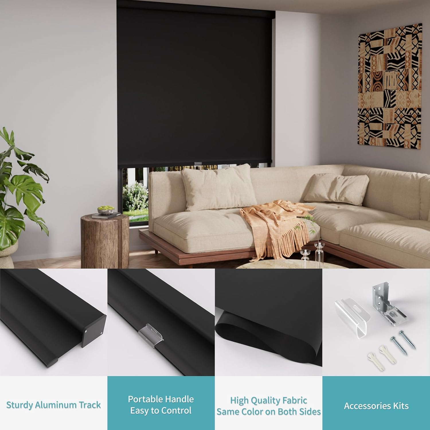 MYshade Cordless Blackout Roller Shade for Privacy & Energy Saving, Free-Stop Child Safe Roller Shades with Valance, Room Darkening Blinds Easy to Install, 30" W x 72" H, Black