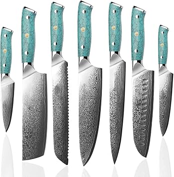 Kitchen Knife Set,7-Piece Resin Handle Damascus Knife Set,Forged German Stainless Steel for Chef Knife,Knives Set for Kitchen,Paring Knife,Bread Knife,Santoku Knife,Razor-Sharp...