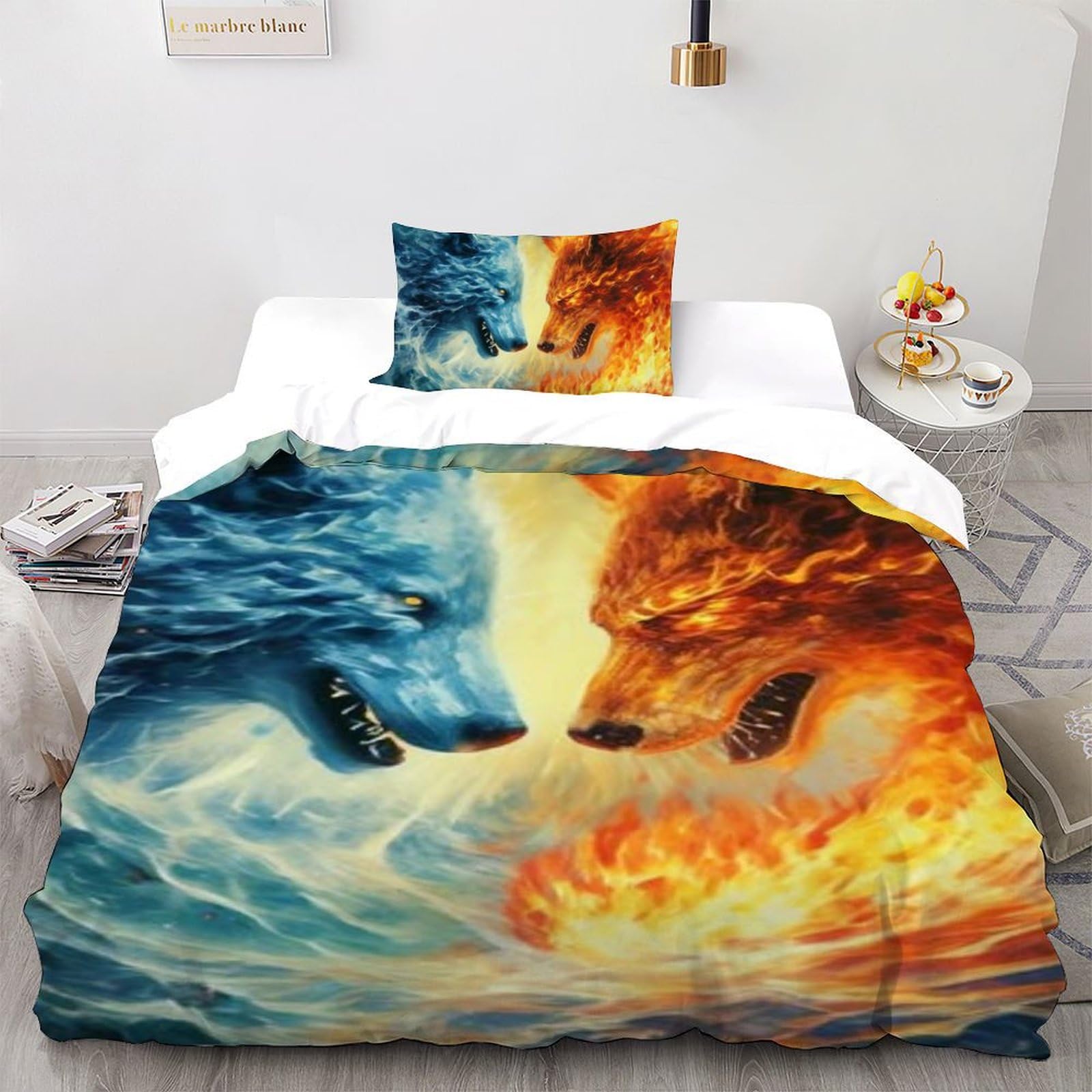 Housse de couette loup 135x200cm single imprimé 3D avec taie d'oreiller lit enfant microfibre