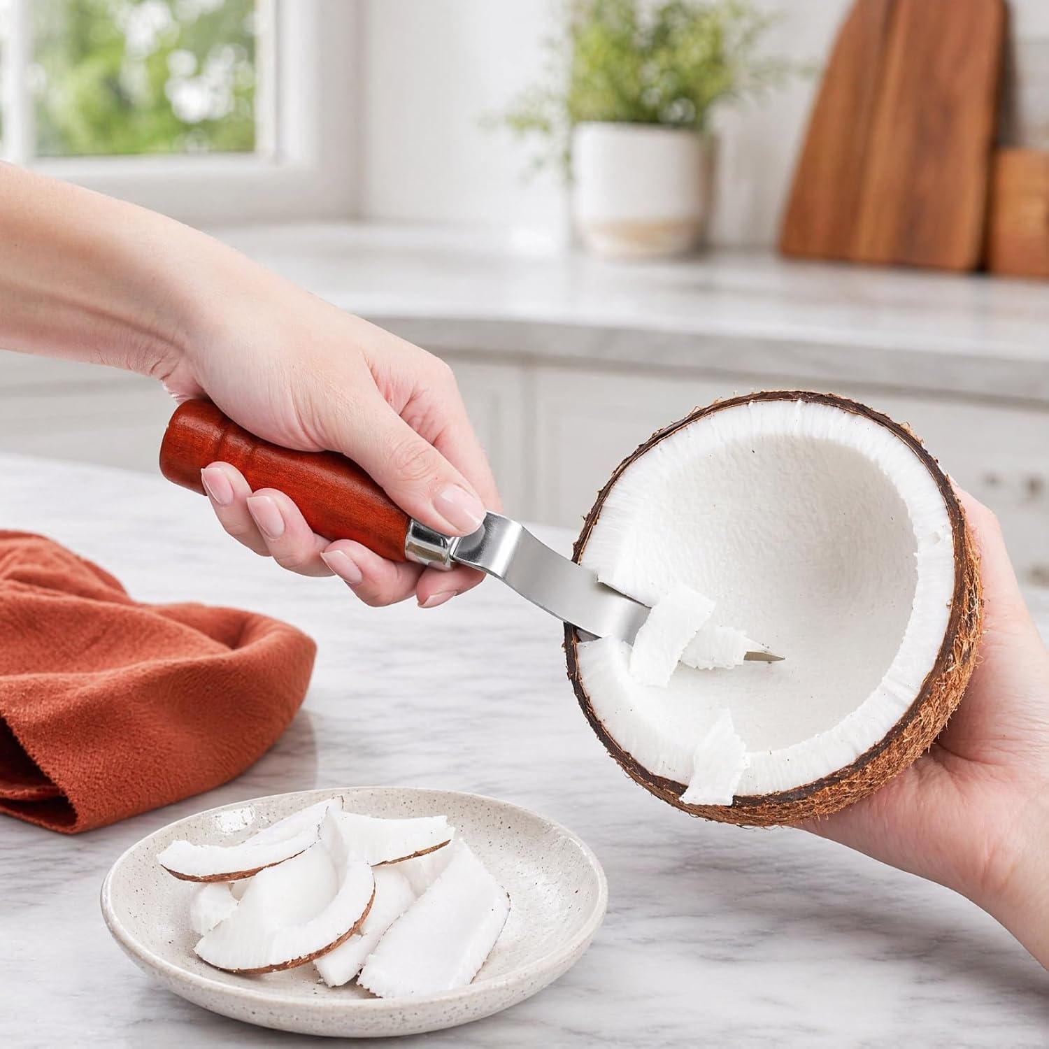 GALPADA Coconut Meat Scraper Opener Stainless Steel Wood Handle Cutter