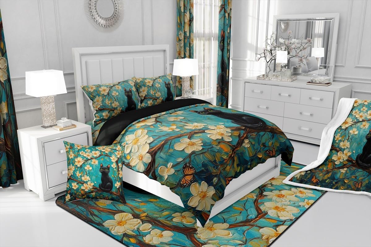 Feelyou Oil Painting Styles Floral Black Cat Duvet Cover,Vintage Black Cat Bedding Set Twin Size,Kids Boys Girls Bedroom Room Decor,Cute Animal Cat Comforter Cover,Floral Cat Bedspread Cover