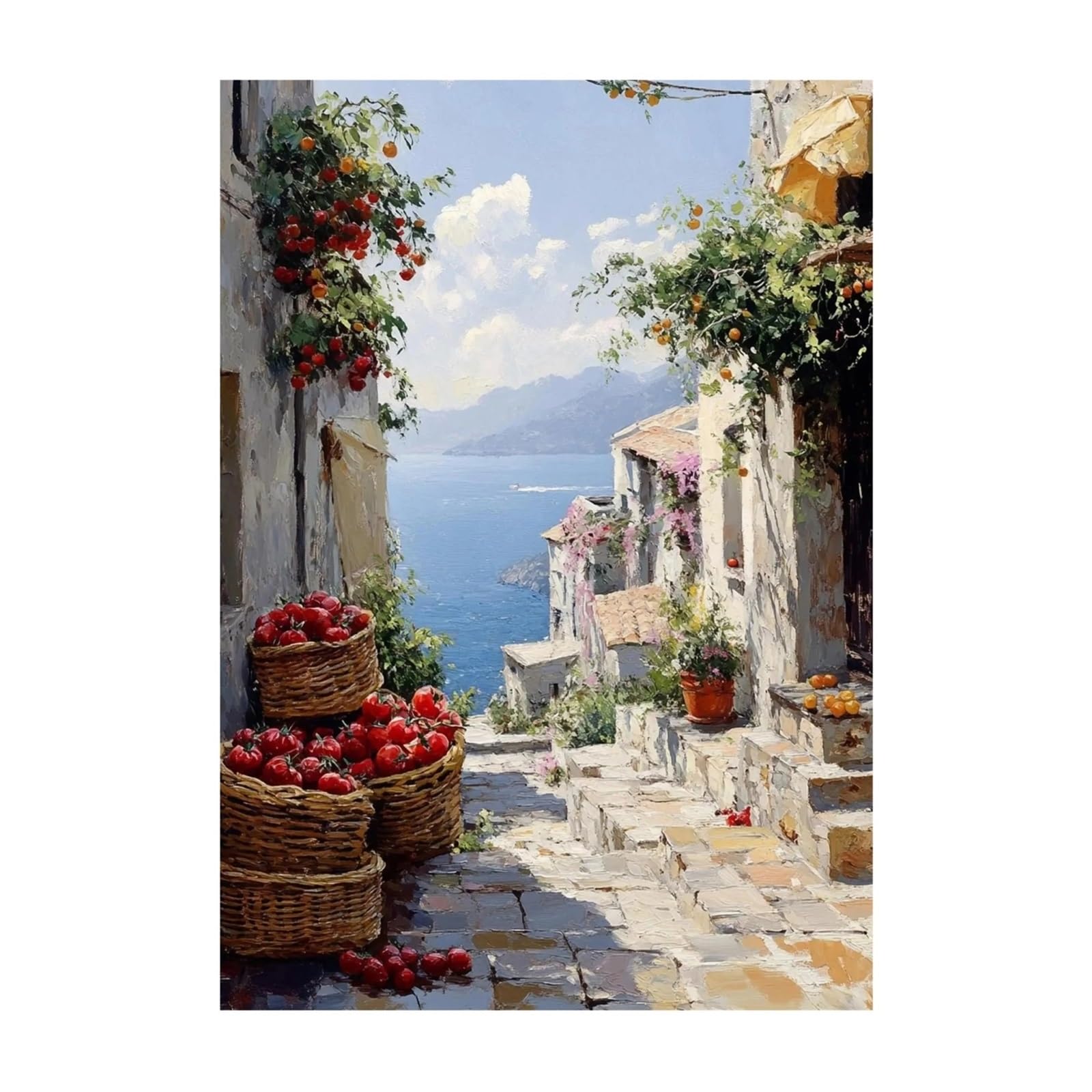 Pintura en lienzo de un balcón con flores hacia el mar para decoración del hogar en la cocina