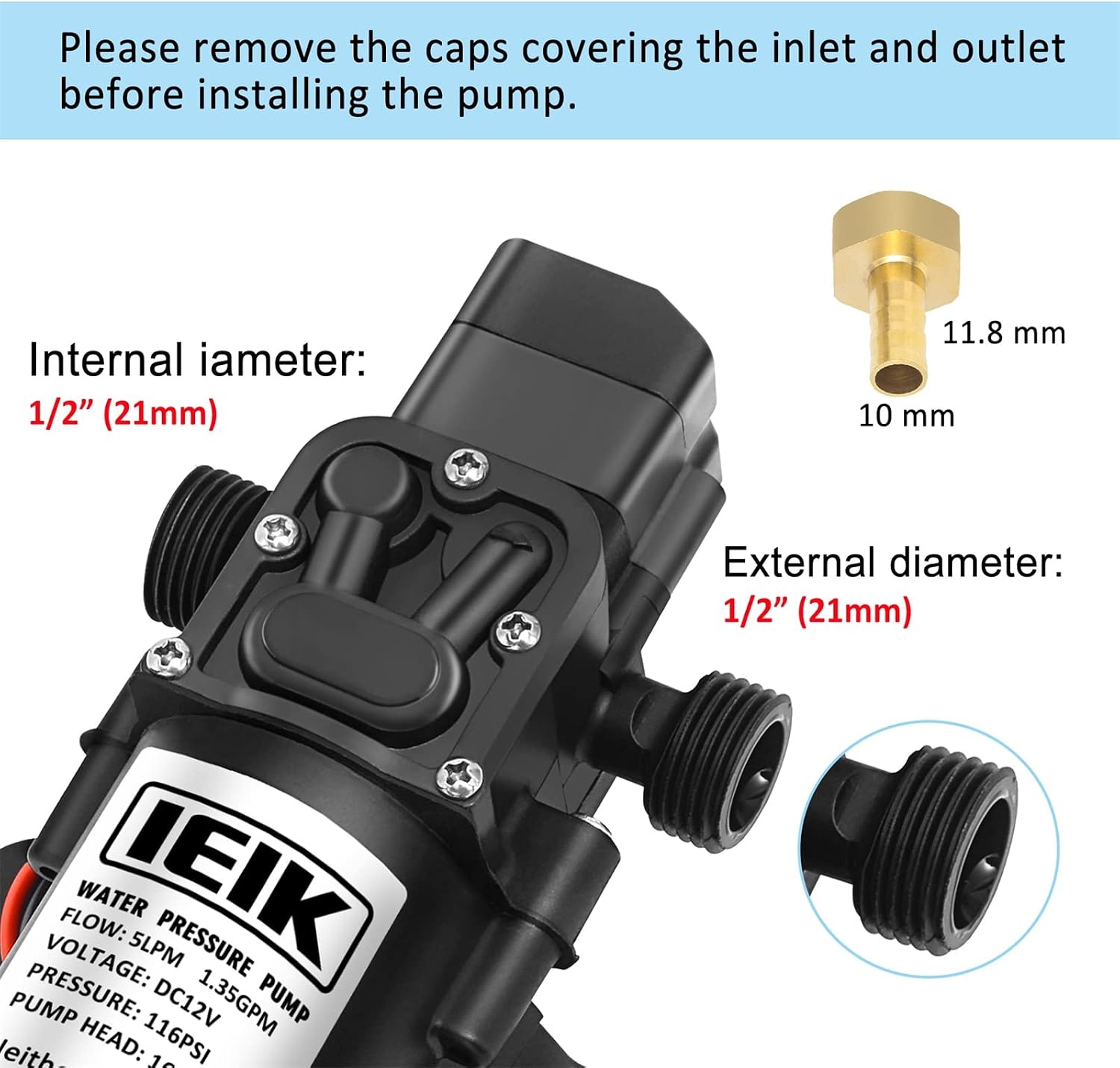 IEIK Water Pressure Diaphragm Pump DC 12V Pressure Switch Sprayer Pump 5LPM 1.35 GPM 116PSI 165ft Self Priming Pump for Caravan RV Boat Marine Agricultural Spraying Port
