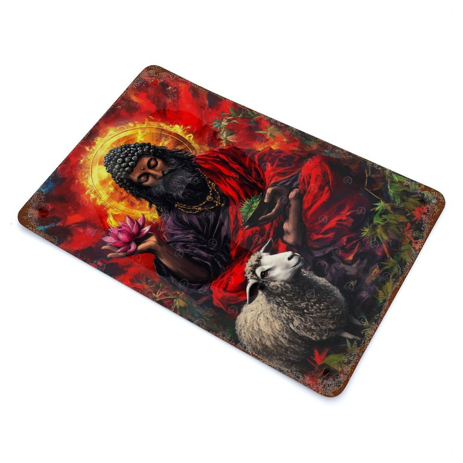 Spiritual Figure with Lotus And Sheep 11.8"x7.9" Aged Metal Wall Plaque, Novelty Wall Decor for Garage, Bar And Workshop Decor