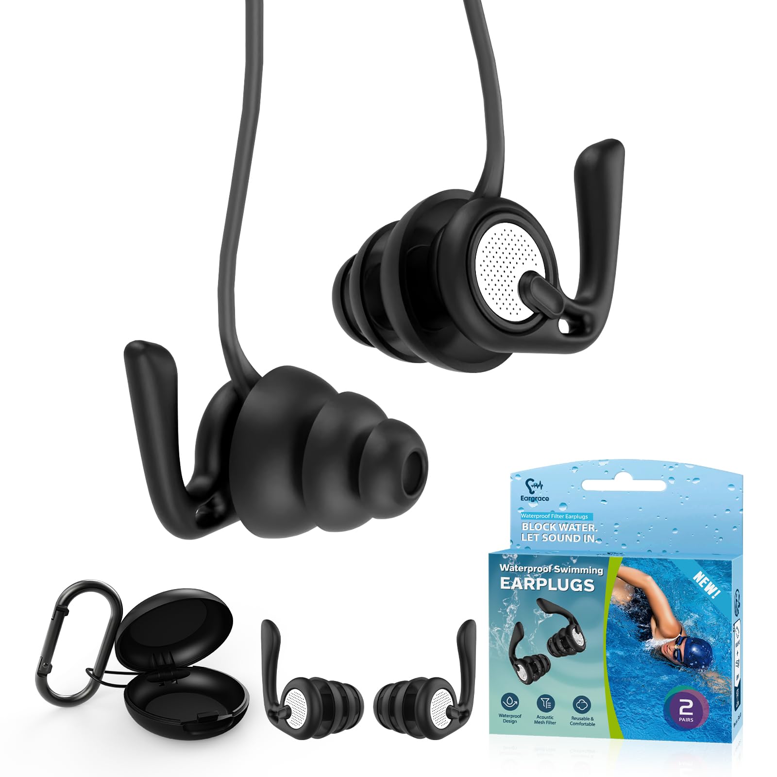Swimming Ear Plugs, Eargrace 2 Pairs Waterproof Reusable Silicone Earplugs with Cord & Case for Swimming, Shower, Bathing, Surfing, Pool and Other Water Sports, Soft Fit for Adults, Teens & Kids 8+