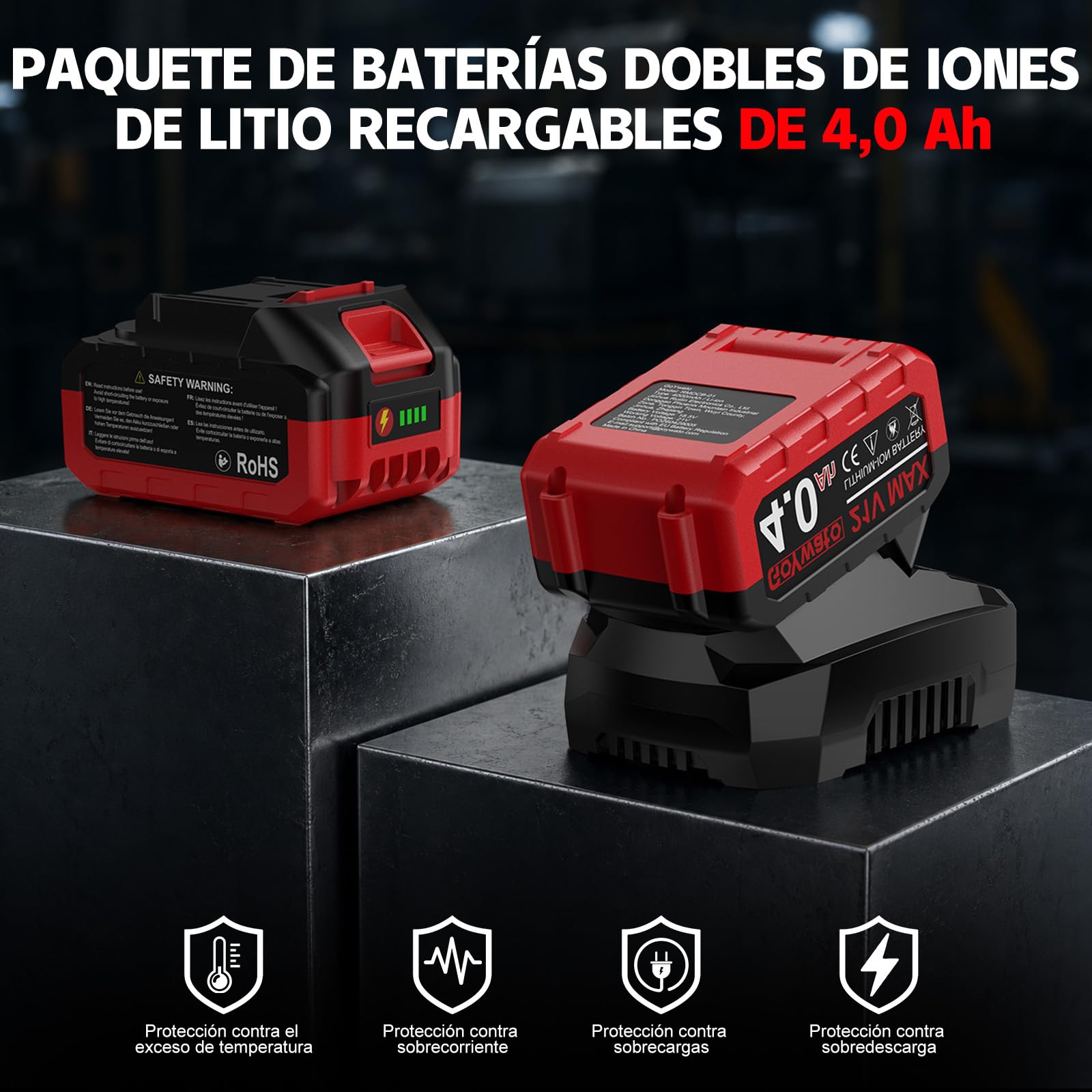 1490Nm Llave de Impacto Inalámbrica con 2 Batería 4.0Ah & 6 Enchufes, Rojo