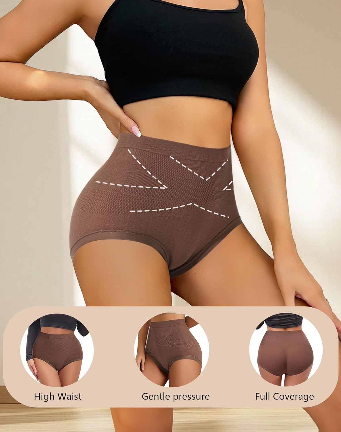High Waist Seamless Underwear for Women Stretch Fabric Covers the Abdomen Lady Panties Full Coverage Briefs 3 Packs - Image 3