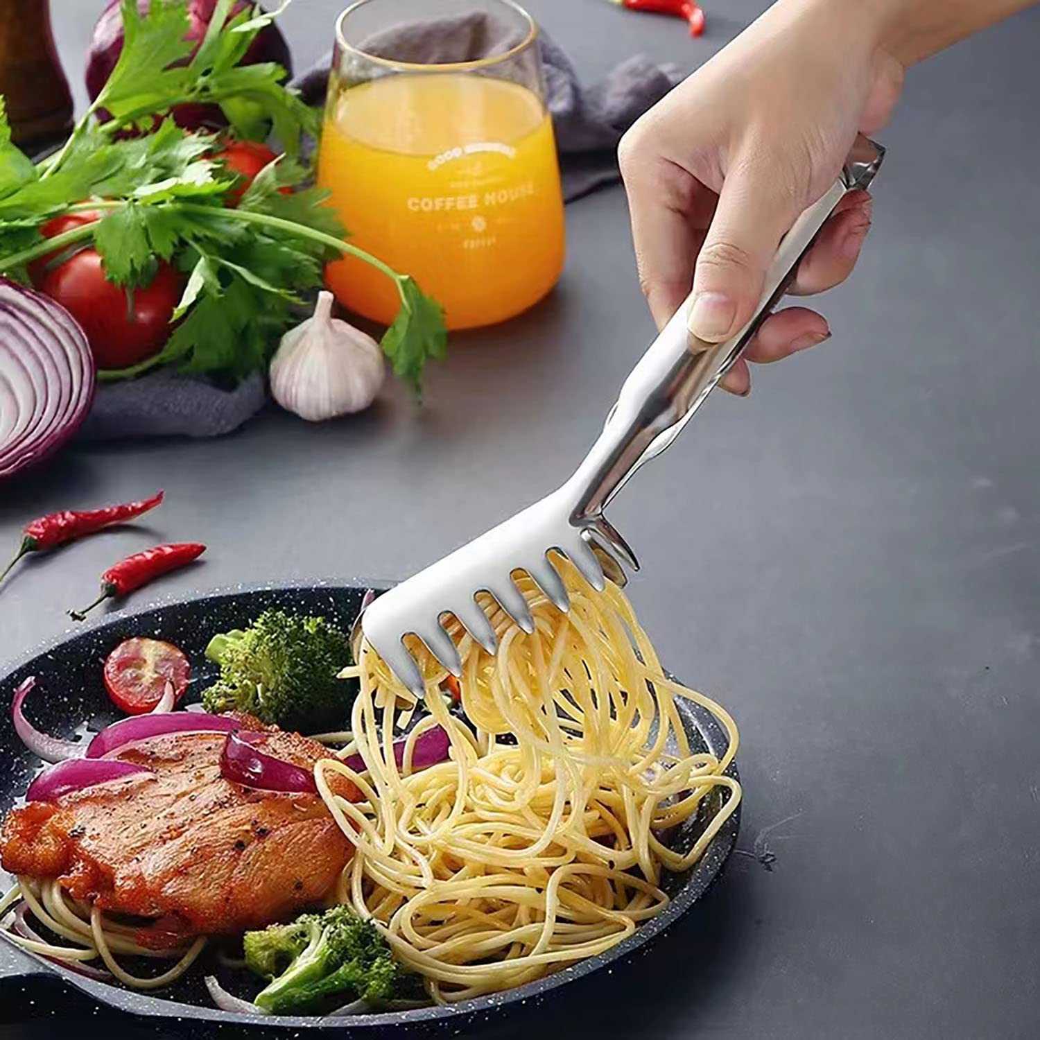 Paquete de 3 pinzas para pasta de acero inoxidable para servir utensilios de pasta, pinzas de pollo para ensalada