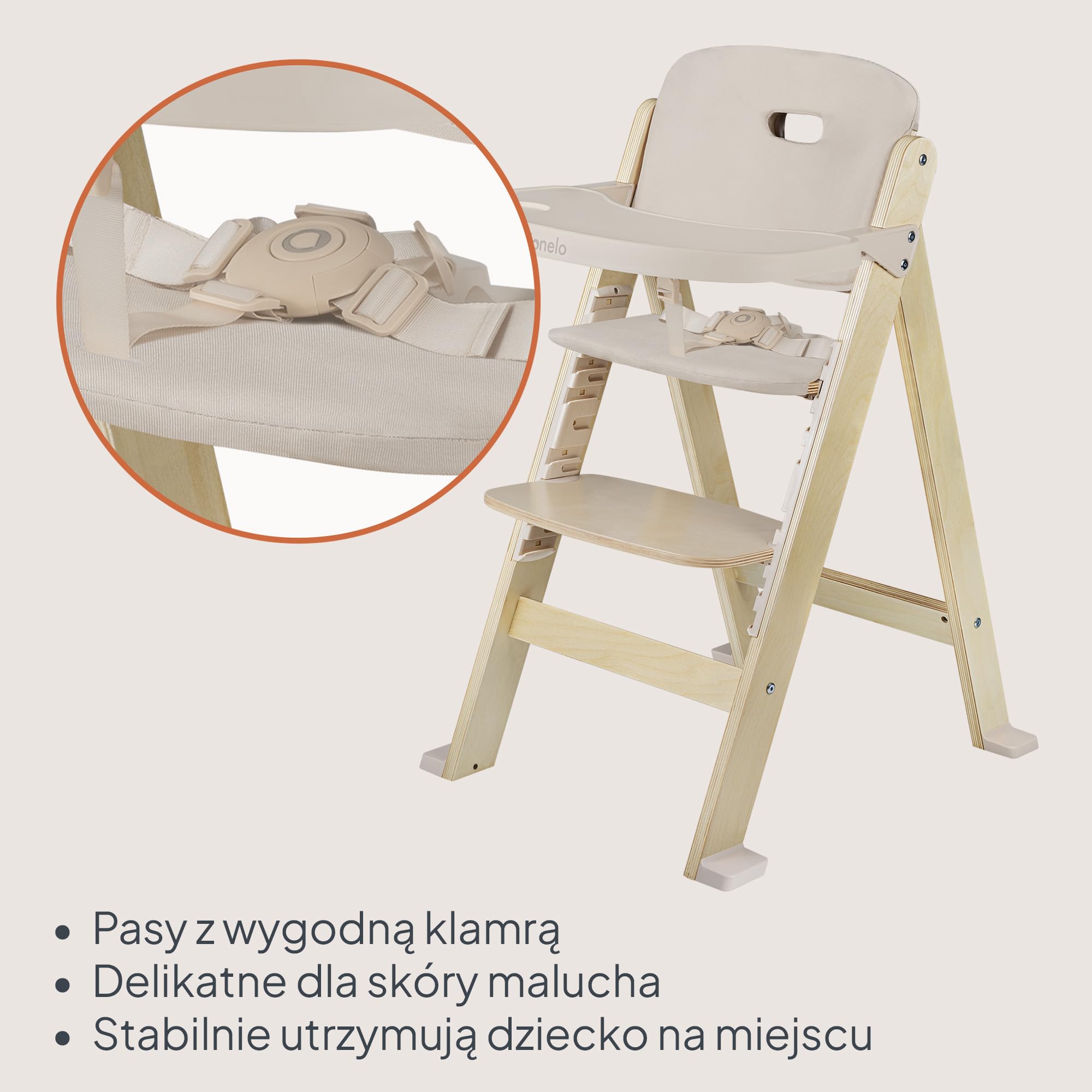 LIONELO Floris Krzesło 3 w 1 z drewna brzozowego | Wyjmowana taca do mycia naczyń, wysokość i podnóżek regulowana w 4 pozycjach, 5-punktowe bezpieczeństwo, styl skandynawski