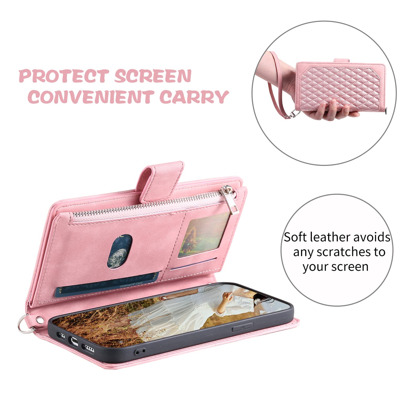 QLTYPRI Wallet Case for iPhone 16 Pro Max,Luxury Quilted PU Leather Wallet Case with Card Slots for Women,Magnetic Zipper Purse Case with Wrist Strap Kickstand Shockproof Flip Cover-Rose Gold - Image 4