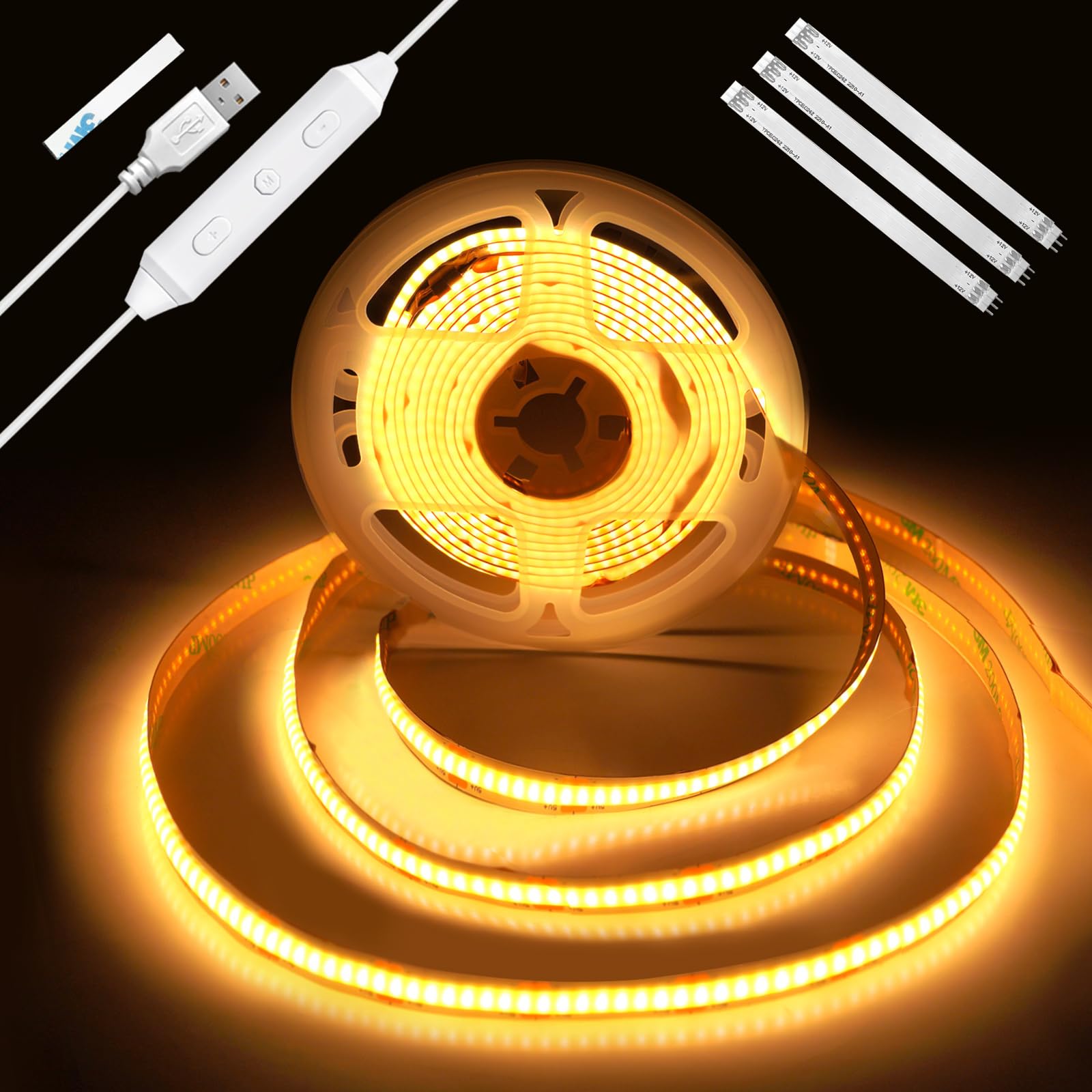 Enteenly COB LED Strip Light 2m, USB 5V TV Backlight with Dimmer and Memory Function, Dotless Dimmable LED Strip for TV Bias Lighting, Under Cabinet, Ambient Lighting, 2700K