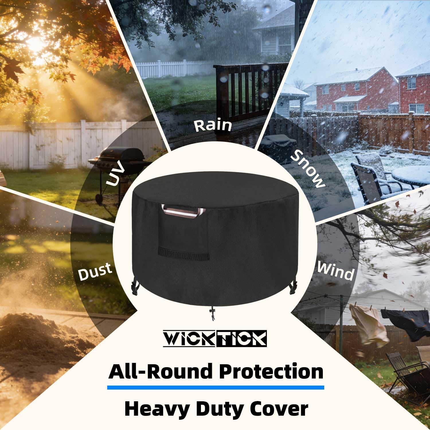 WICKTICK Round Fire Pit Cover 36 x 25 Inch, Waterproof & 600D Heavy Duty Patio Firepit Table Covers, Fits 36, 35, 34, 33, 32, 30 inches Fire Tables / Bowls