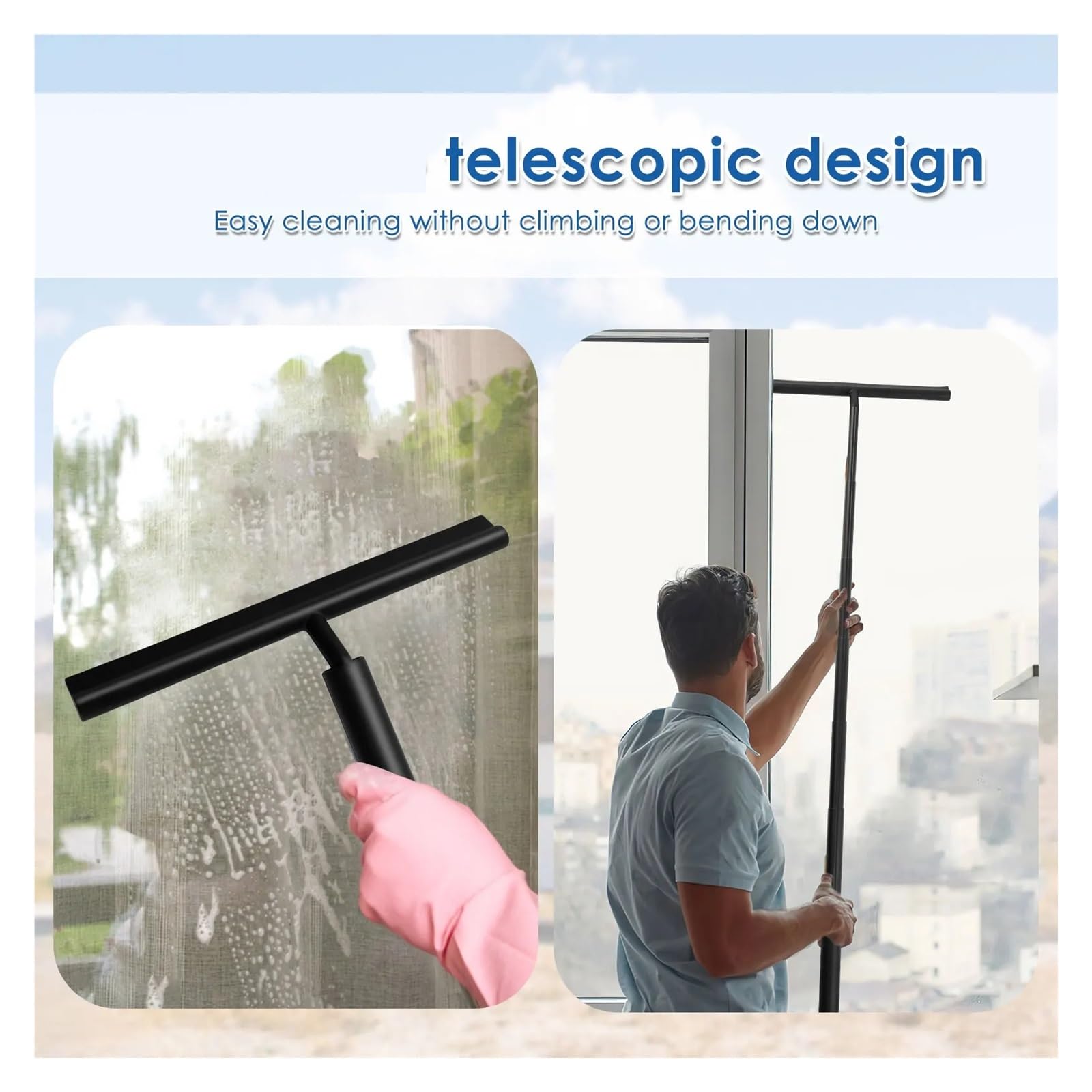 Limpiaparabrisas de Ducha Limpiador de Ducha telescópico 97 cm, Acero Inoxidable, Silicona, for Puertas Vidrio, con Ganchos for la Limpieza Ventanas y Pisos del hogar