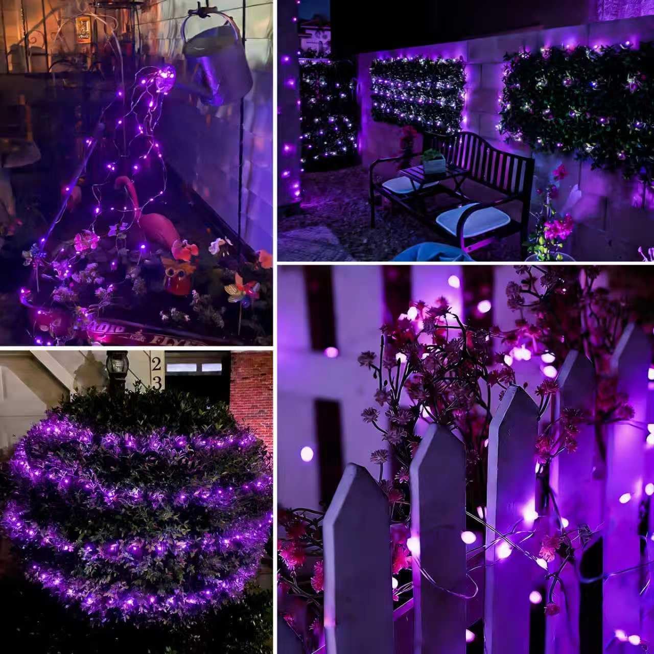 QITONG 4 Pack Solar Fairy Lights, Each 33ft 100 LED Purple Christmas String Light Outdoor Waterproof, 8 Modes Silver Wire Twinkle Mini Lights
