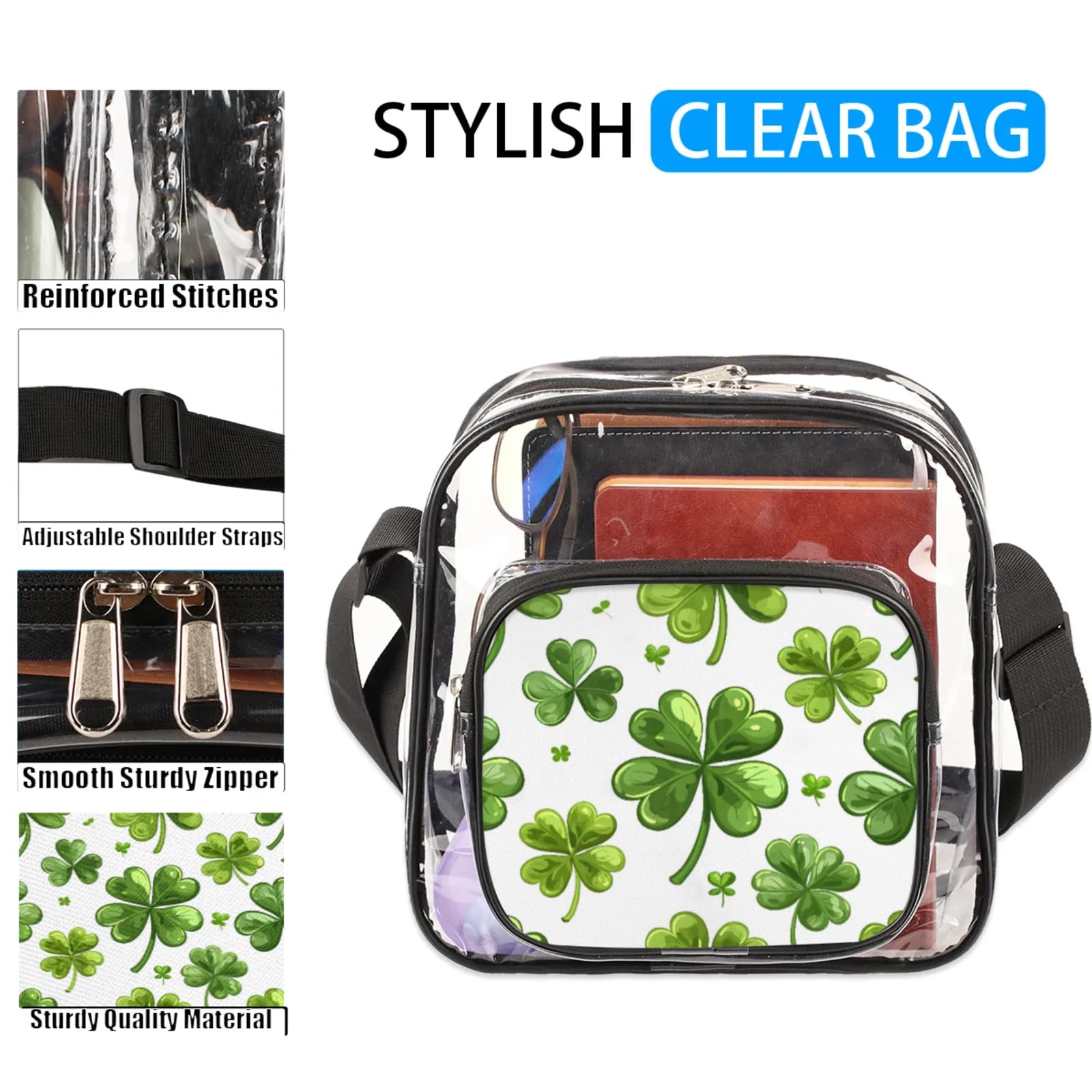 Clear Crossbody Bag Stadium Approved Clover Transparent Bag for Festivals, Sports Events, Concerts,Beach Bag for Women Men Clear Purse with Front Pocket Messenger Bag with Adjustable Strap