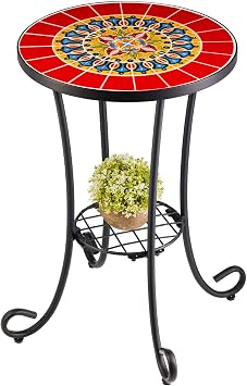 VONLUCE Mosaic Side Table and Plant Stand, Bedside Table with 36cm Ceramic Tile Top for Patio Garden Furniture, Mosaic Accent Table with Shelf, Living Room End Table, Red