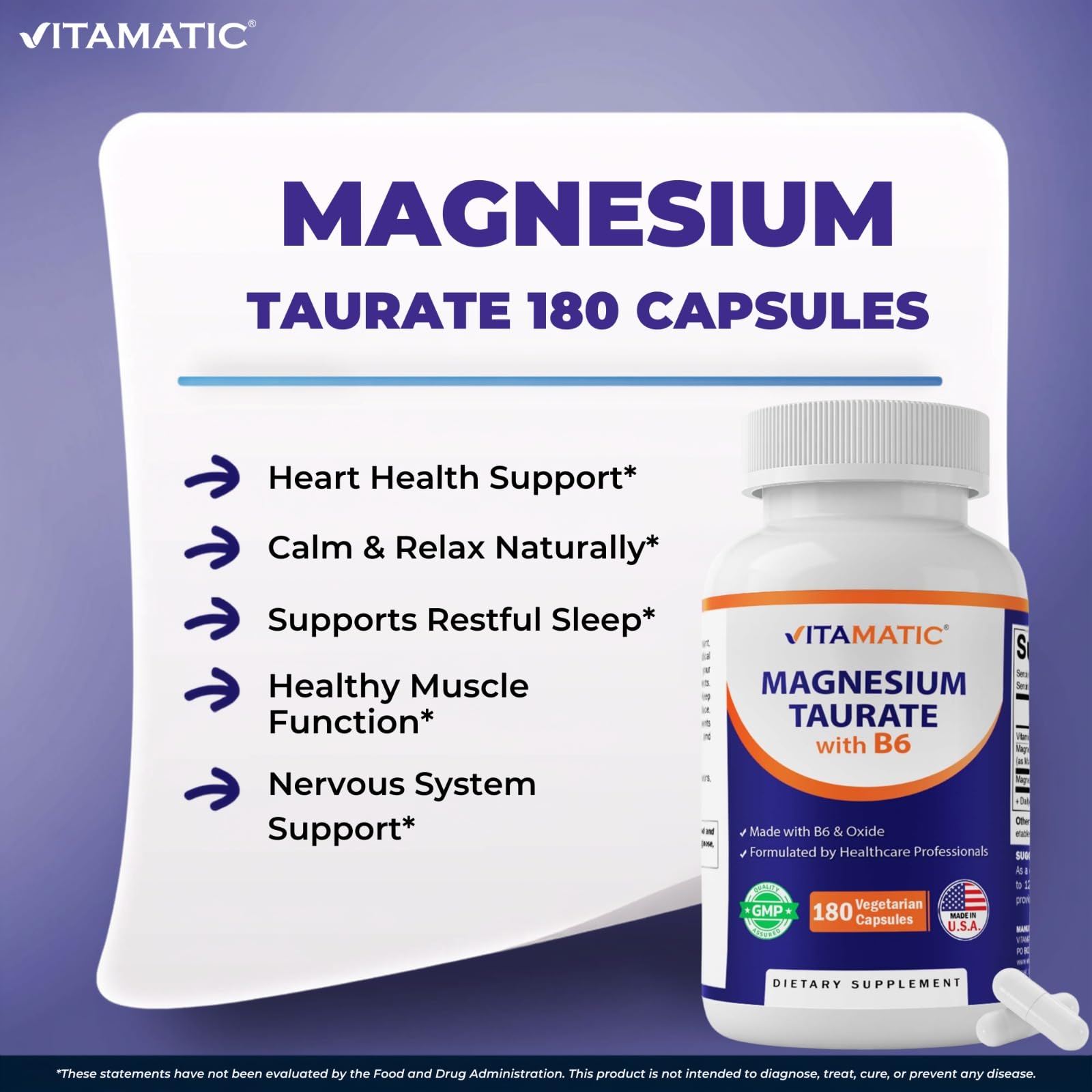 Vitamatic Magnesium Taurate 1500mg per Serving - 180 Vegetarian Capsules (Provides 300 mg of Elemental Magnesium) - Added B6 for Maximum Absorption - Supports Muscle, Joint, and Heart Health* — Amazon image 7