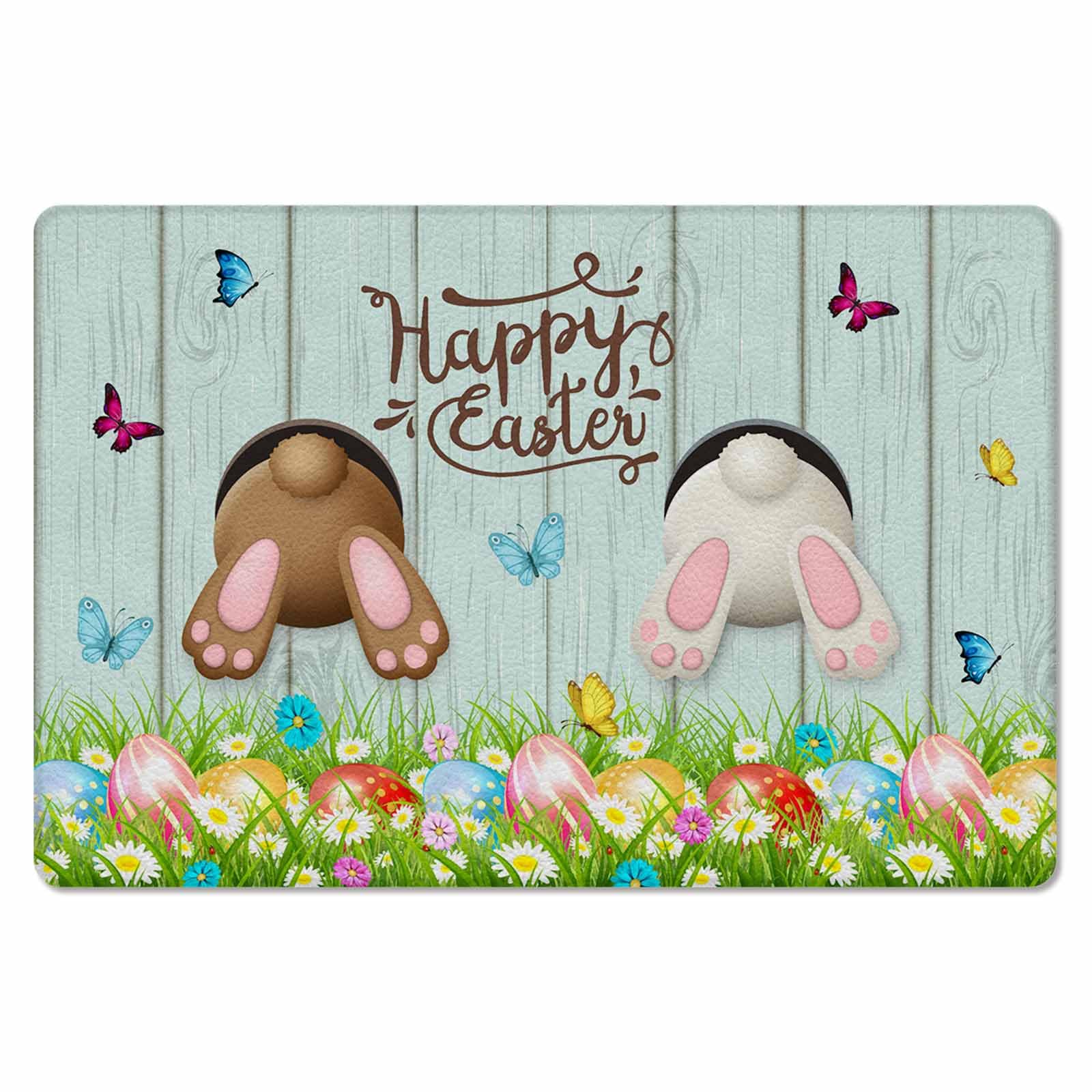 Easter Bunny Butt Kitchen Bath Door Mat Cushioned Runner Rug,Washable Welcome Floor Sink Antifatigue Mat,Waterproof & Non-Slip Comfort Standing Doormat,Easter Egg Daisy Aqua Wood Grain 18