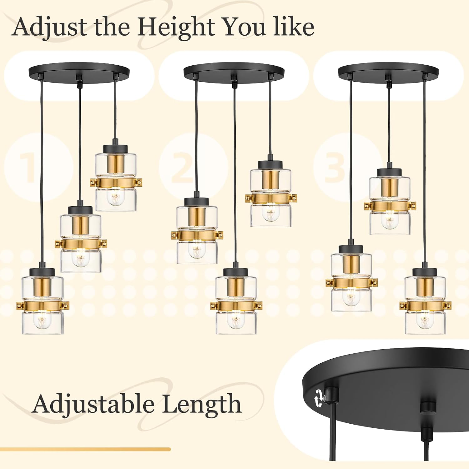 Emliviar 3-Light Cluster Pendant Light, Adjustable Hanging Lighting with Clear Glass, Foyer Chandeliers in Black and Gold Finish, YE282-3 BK+BG