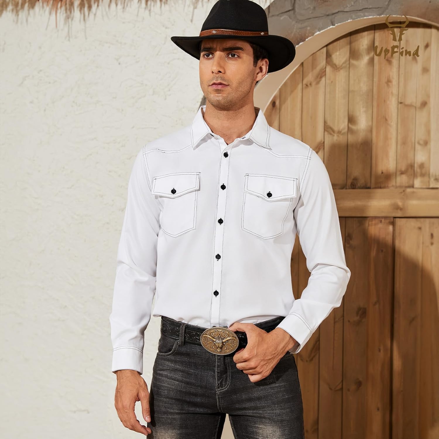 Men's Western Cowboy Shirt Long Sleeve Cotton Slim Fit Casual Button Down Shirts with Pockets - Image 3