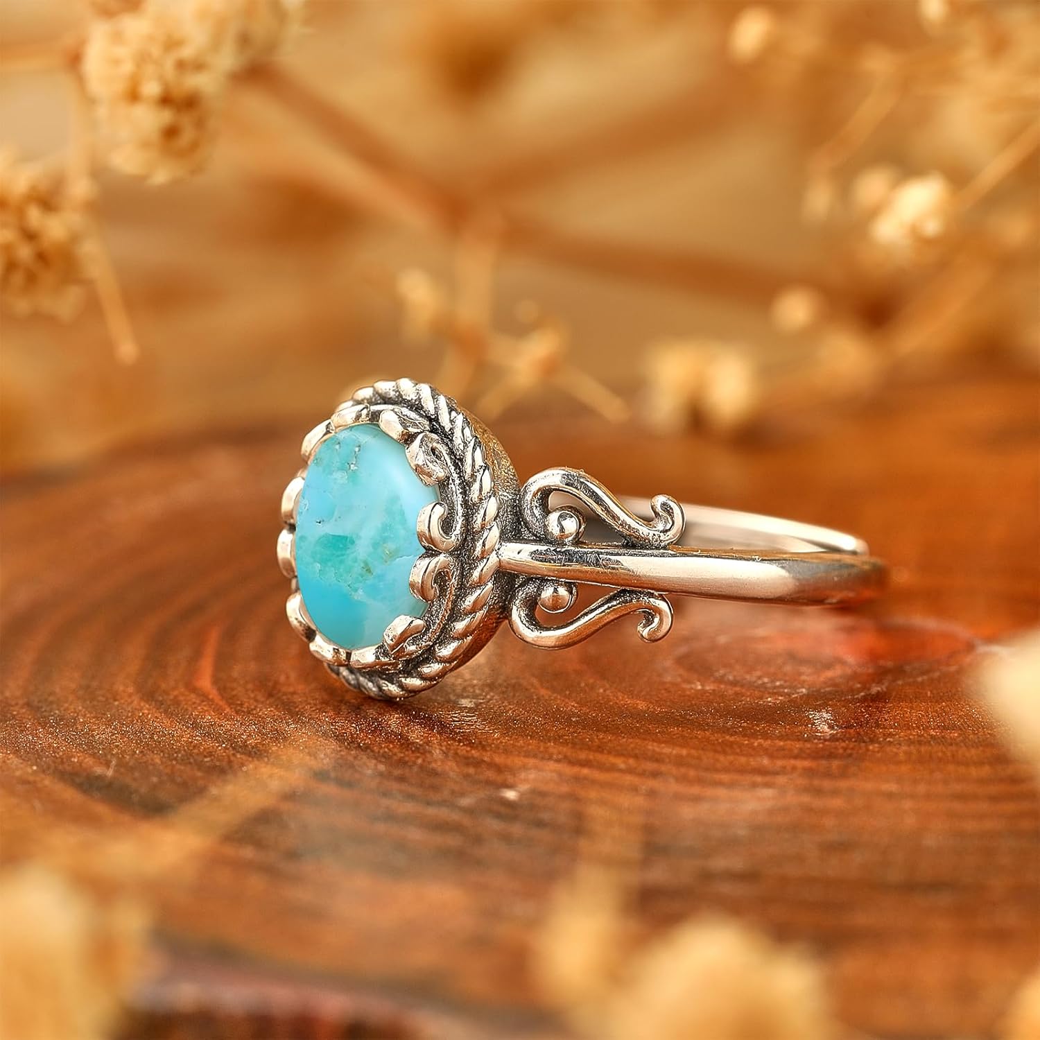 Turquoise Rings for Women, Adjustable Silver Statement Rings with Bezel Setting Teal Turquoise/Opal/Moonstone Vintage Stacking Ring for Women Birthday Anniversary Jewelry Gift Size 6-9 - Image 5