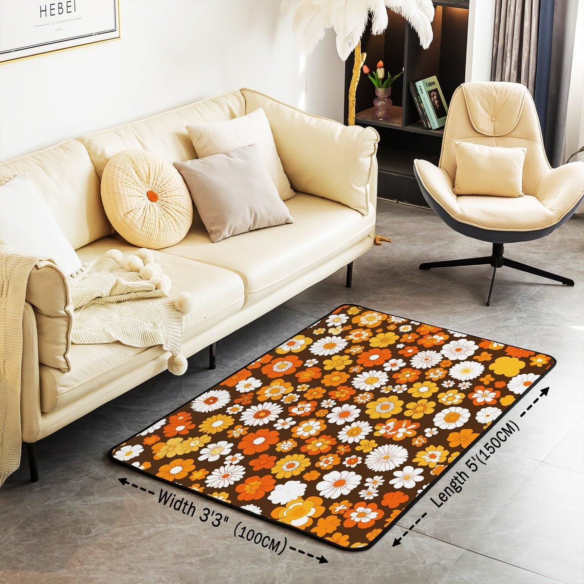 jejeloiu 60S 70S Groovy Area Rug 5x7 Inch Retro Hippie Flower Indoor Floor Mat Vintage Boho Plant Floral Living Room Rugs Botanical Blossom Brown Accent Rug