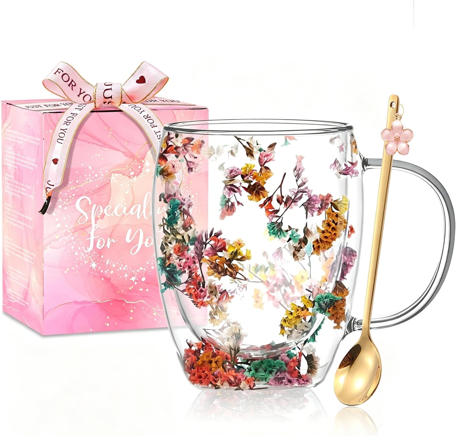 Gifts for Women Dried Flowers Double Wall Glass Coffee Mugs Cute Glass Tea Cups with Handles Autumn Mug Christmas Birthday Gifts for Best Friends Teacher Mum Gifts New Home Gift Ideas Home Decor