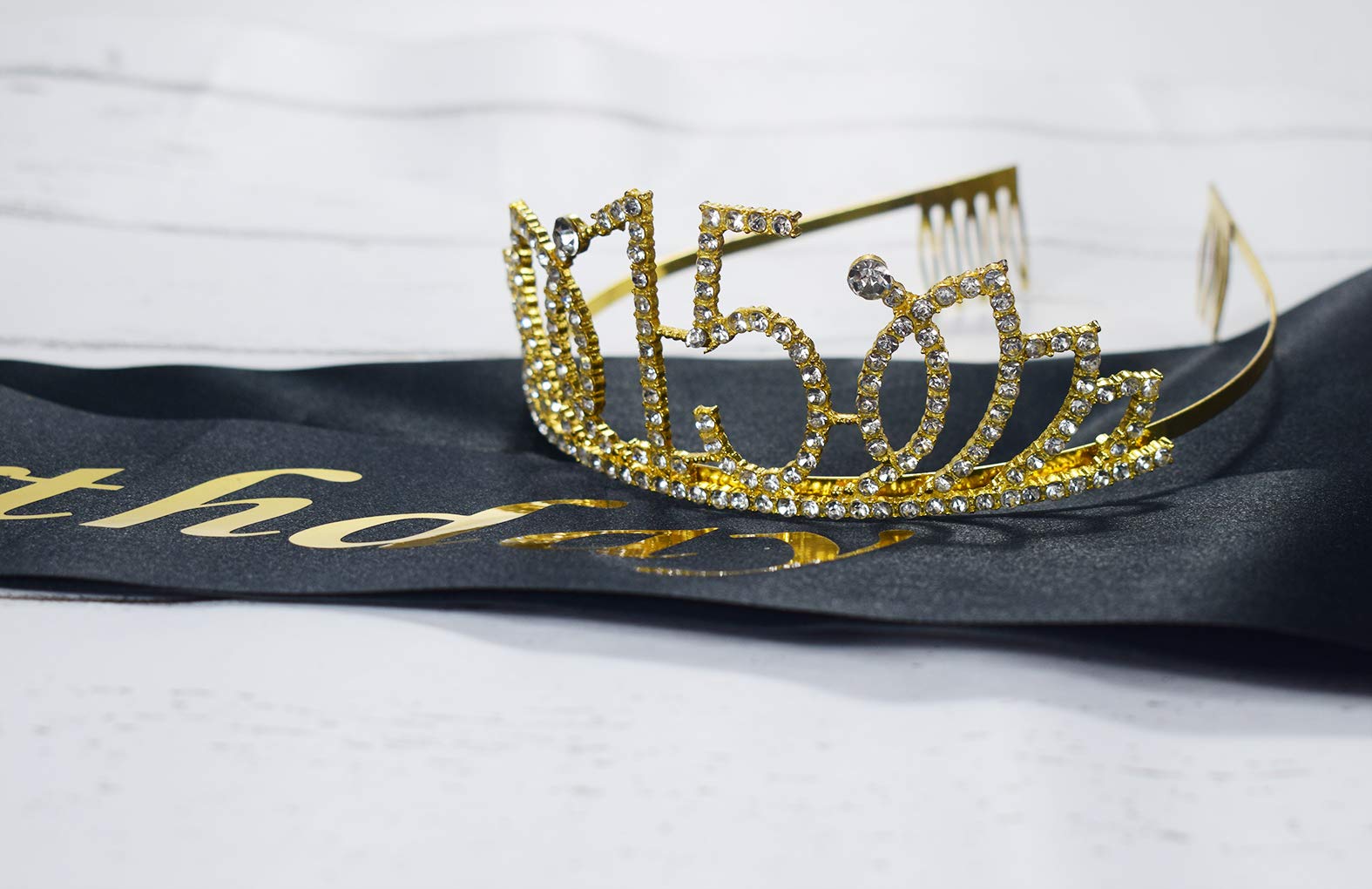 Amazon.com: 15th Gold Birthday Tiara and Sash Glitter Satin 